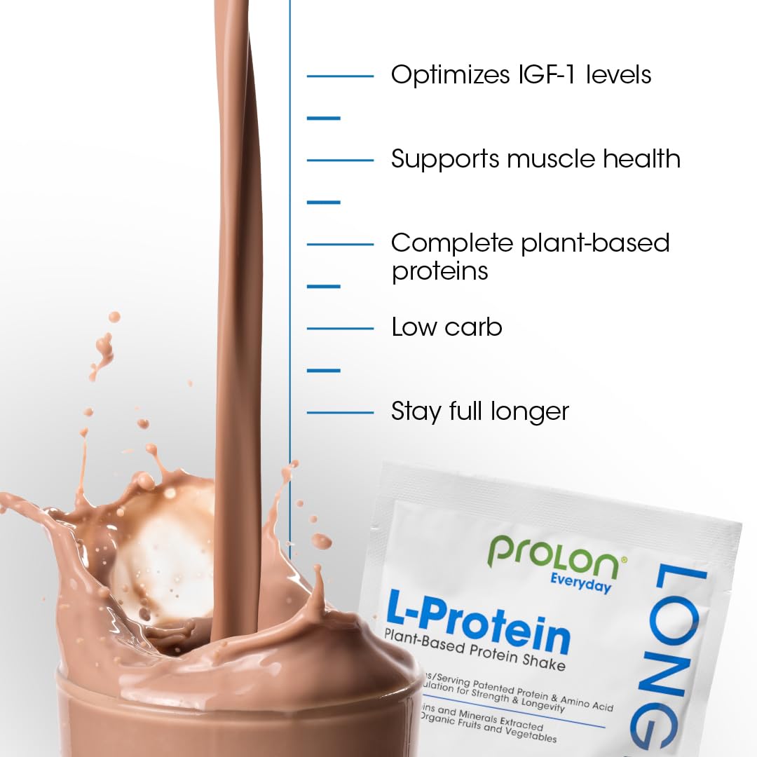 Prolon longevidad batido chocolate, vaso cremoso para desayuno rápido.