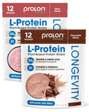 Prolon longevidad proteína vegetal chocolate, paquete, ideal para recuperación muscular.