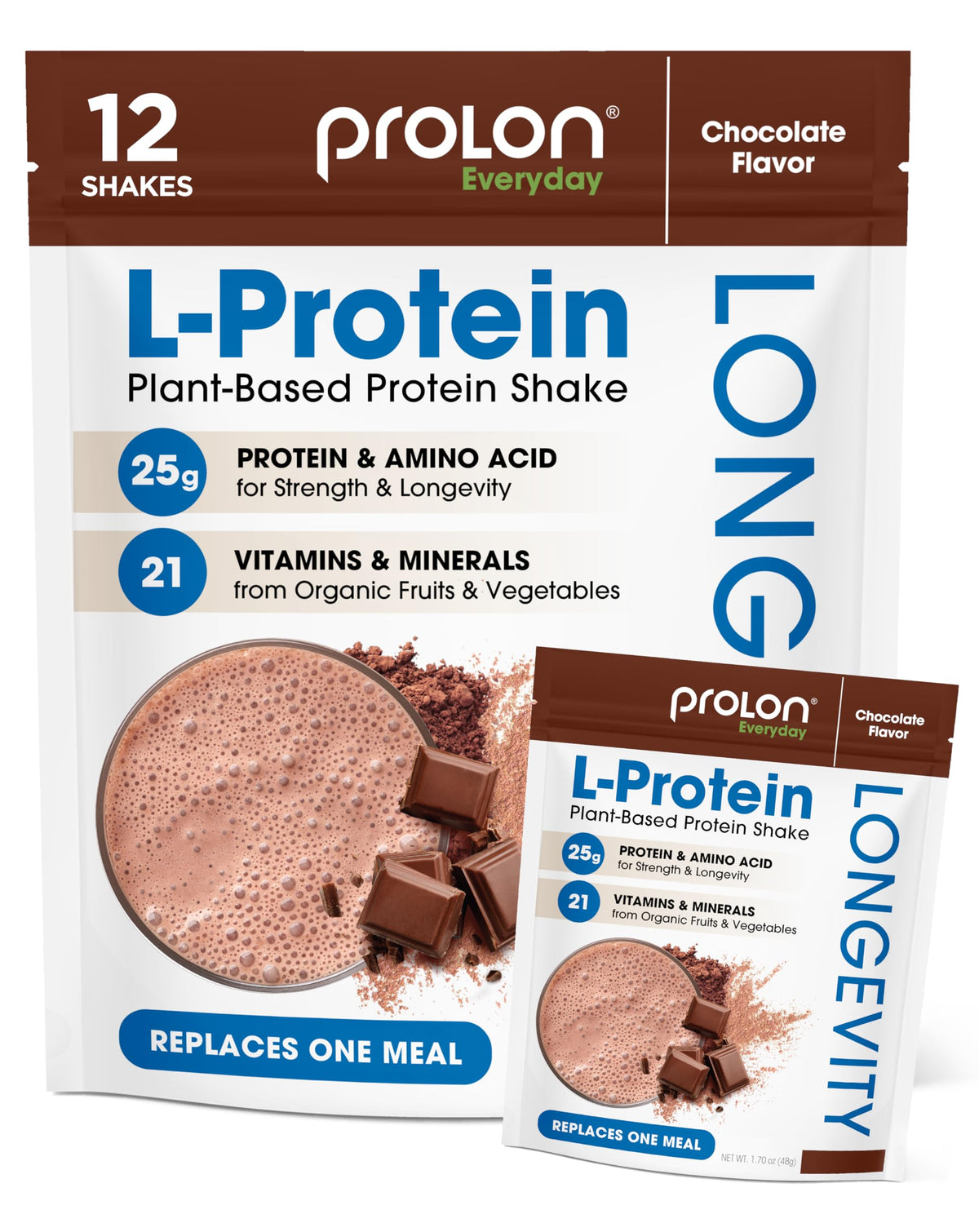 Prolon Proteína de longevidad en chocolate polvo: sabor rico y mezcla suave para entrenos.