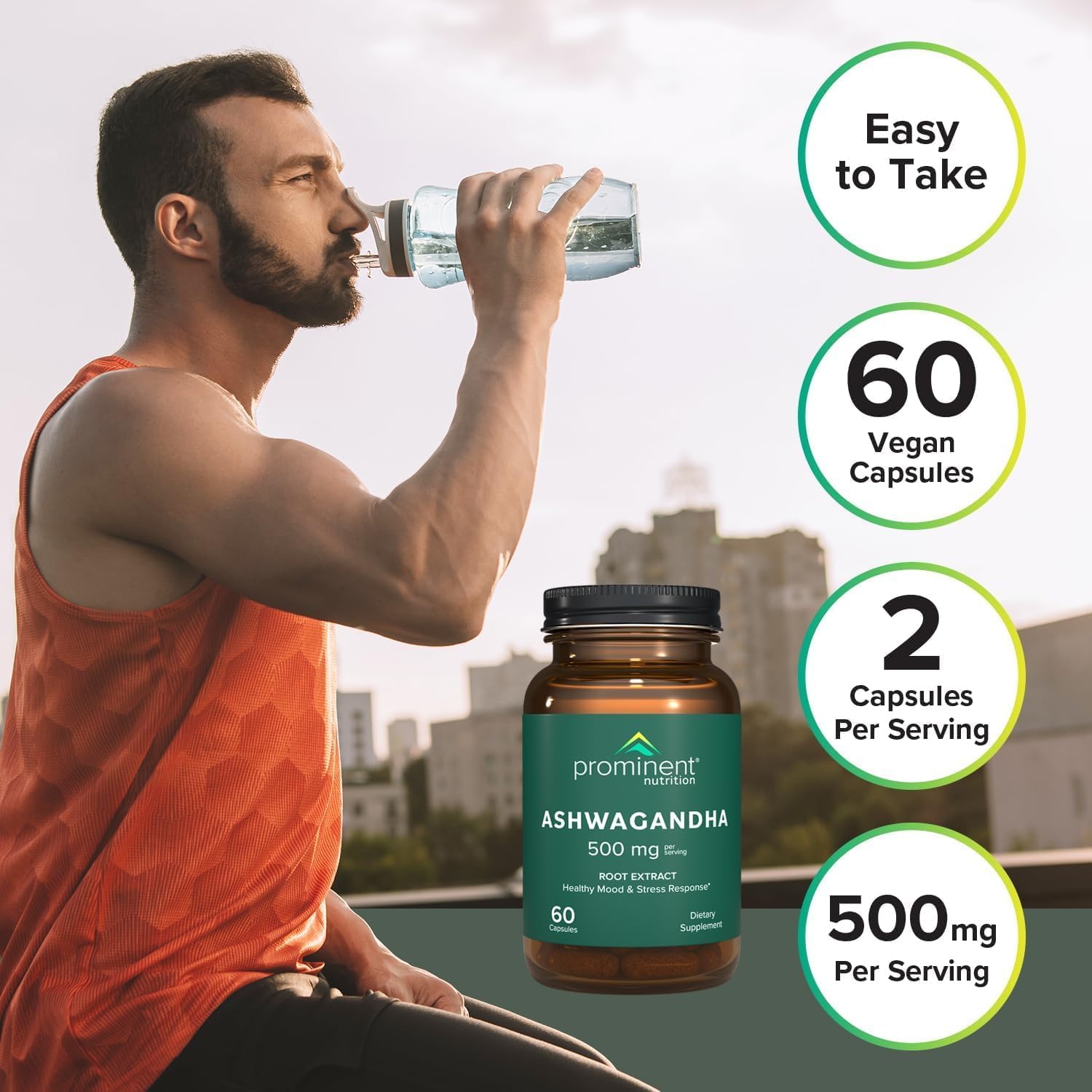 Ashwagandha de Prominent Nutrition, cápsulas veganas para ingesta fácil.