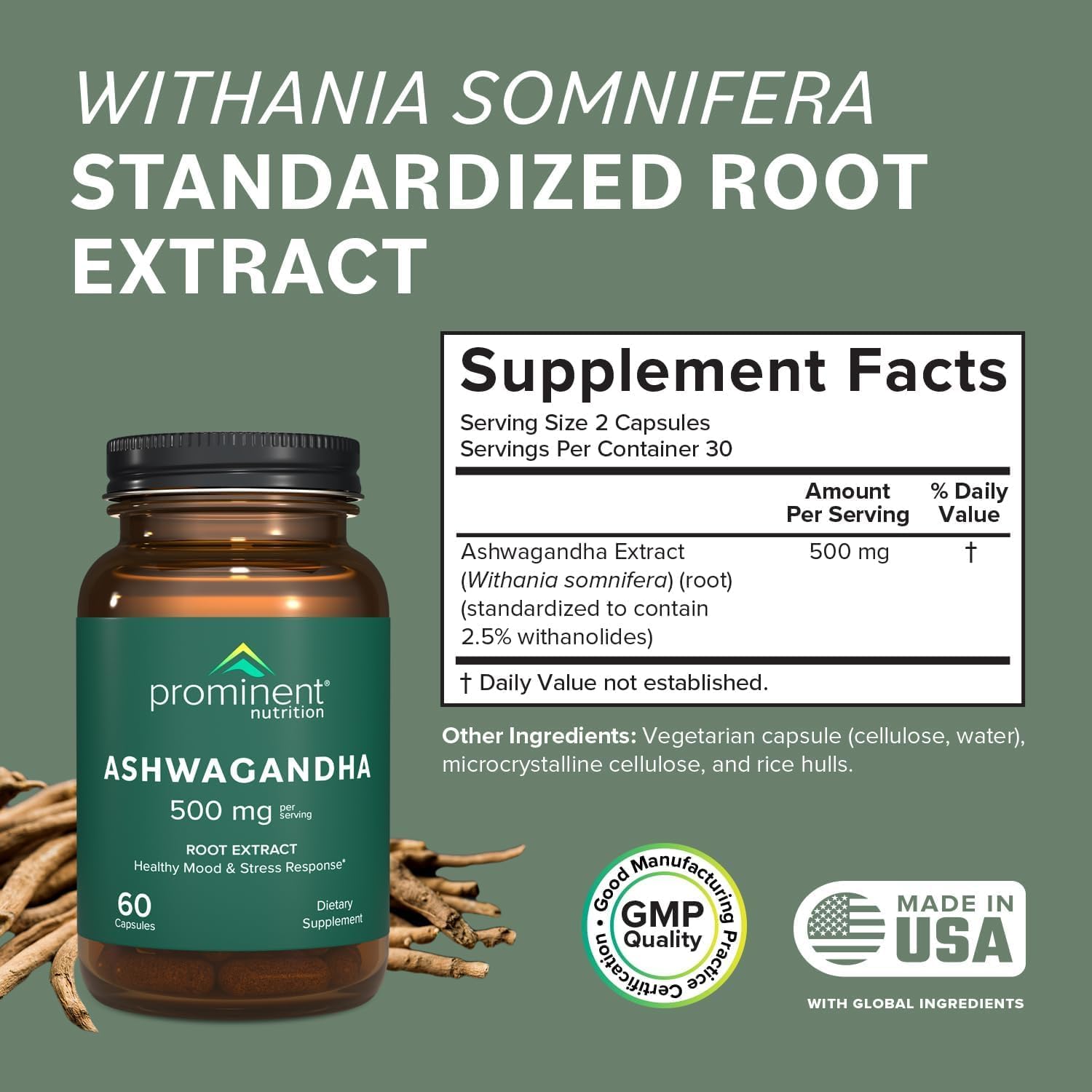 Ashwagandha de Prominent Nutrition, dosis de dos cápsulas por porción.