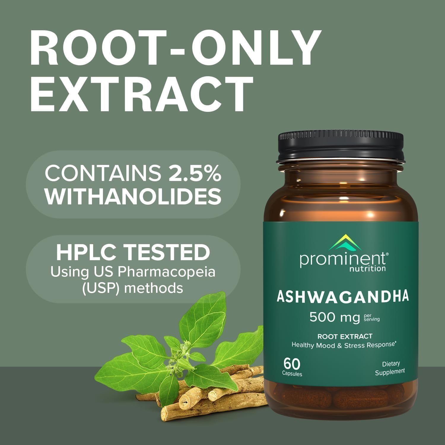 Ashwagandha de Prominent Nutrition, fabricación en EE. UU. para calidad.