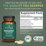 Prominent Nutrition Bergamot Phytosome, etiqueta clara que destaca ingredientes y beneficios para el corazón.