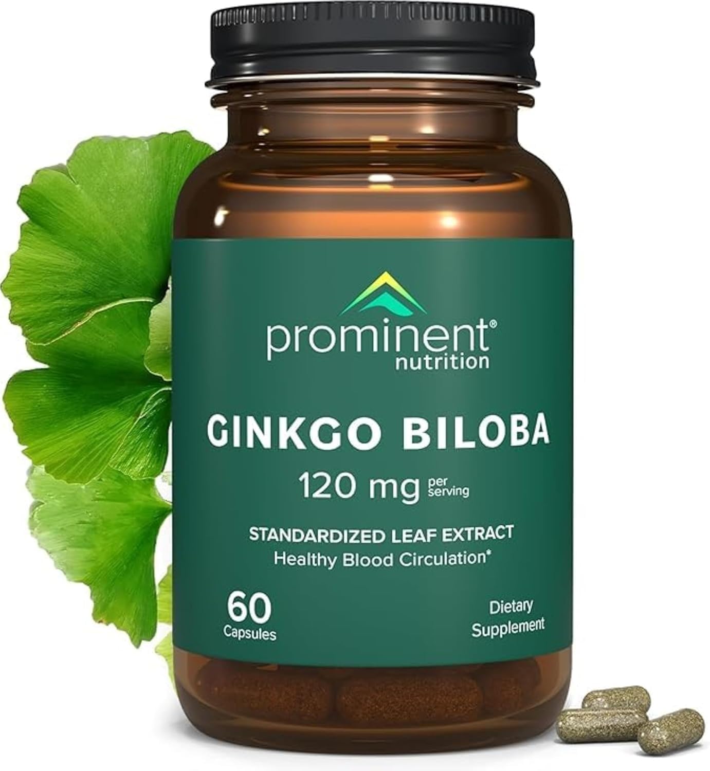 Prominent Nutrition Ginkgo Biloba cápsulas 120 mg para apoyo antioxidante diario.
