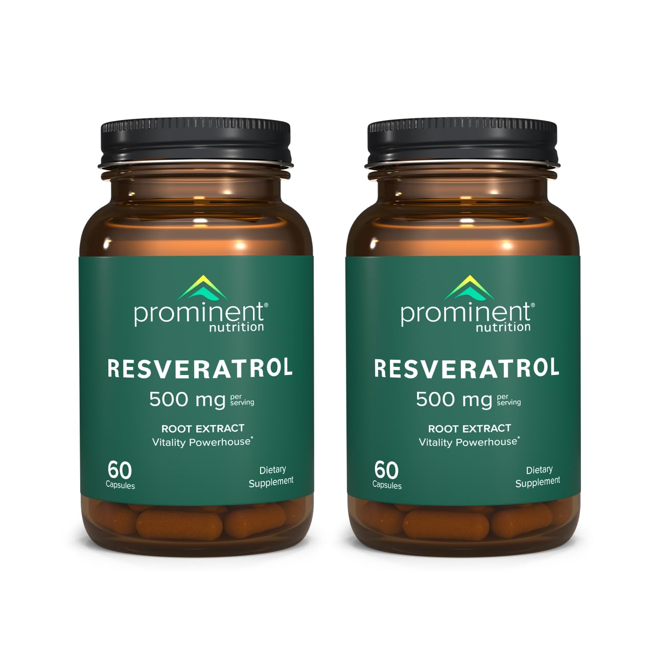 Prominent Nutrition Resveratrol: botella con cápsulas para apoyo antioxidante diario.