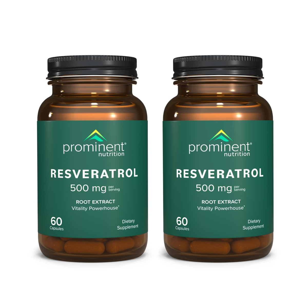Prominent Nutrition Resveratrol: botella con cápsulas para apoyo antioxidante diario.