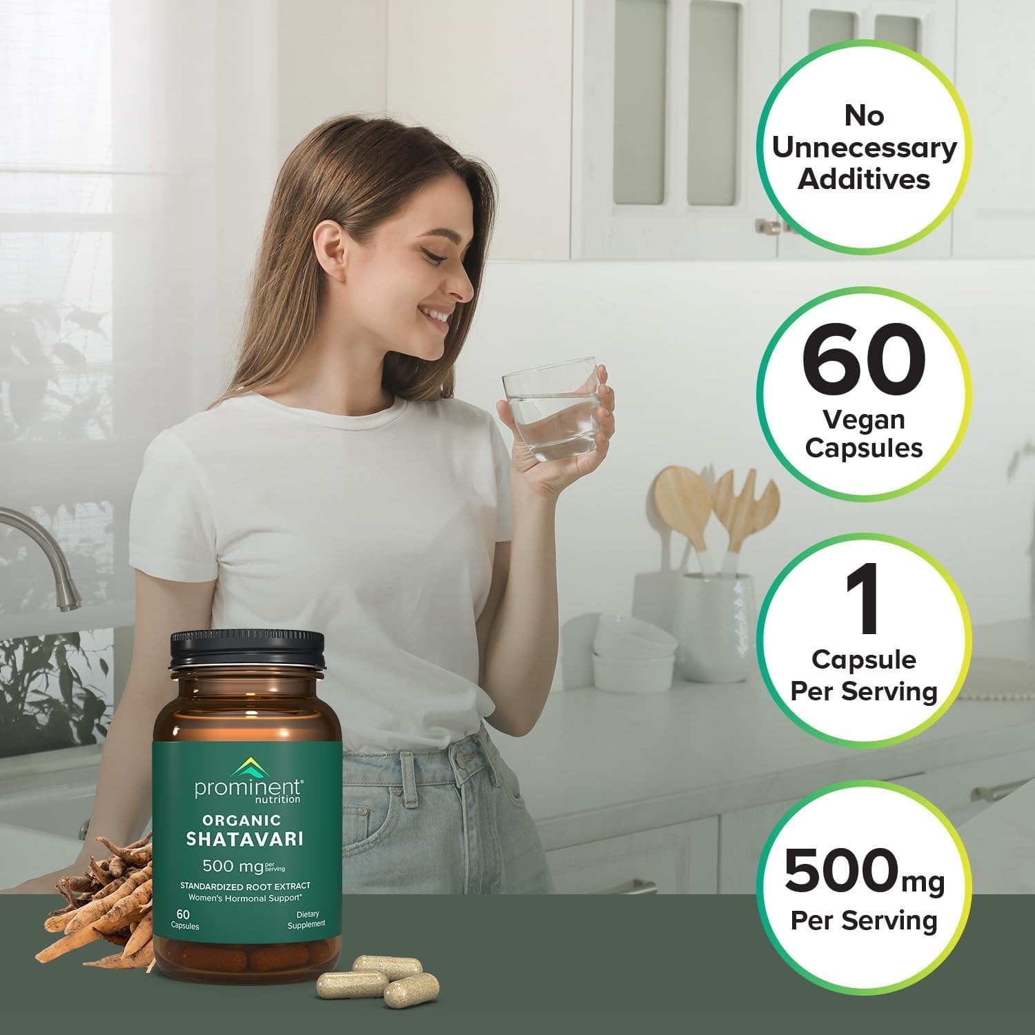 Prominent Nutrition Shatavari sobre la mesa para rutina femenina