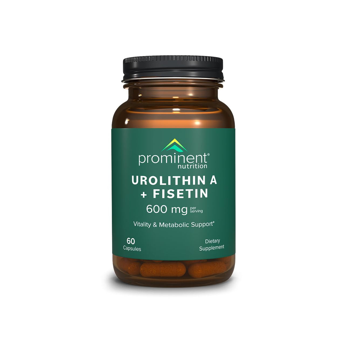 Prominent Nutrition Urolithin A + Fisetin, botella de cápsulas para vitalidad diaria.