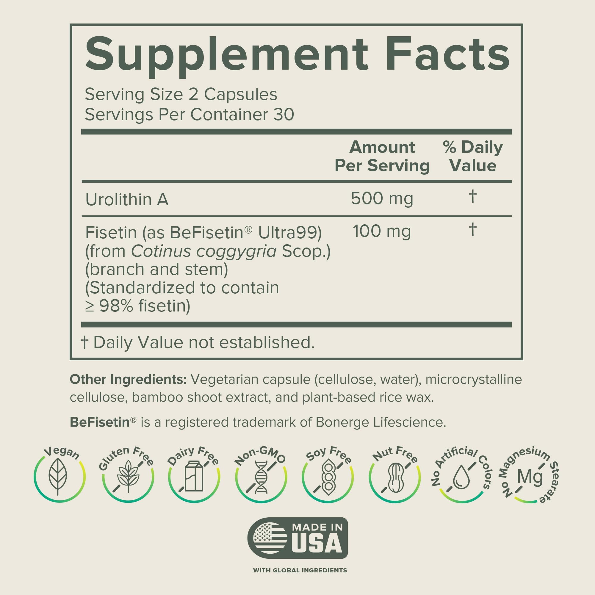 Prominent Nutrition Urolithin A + Fisetin, etiqueta clara en la botella.