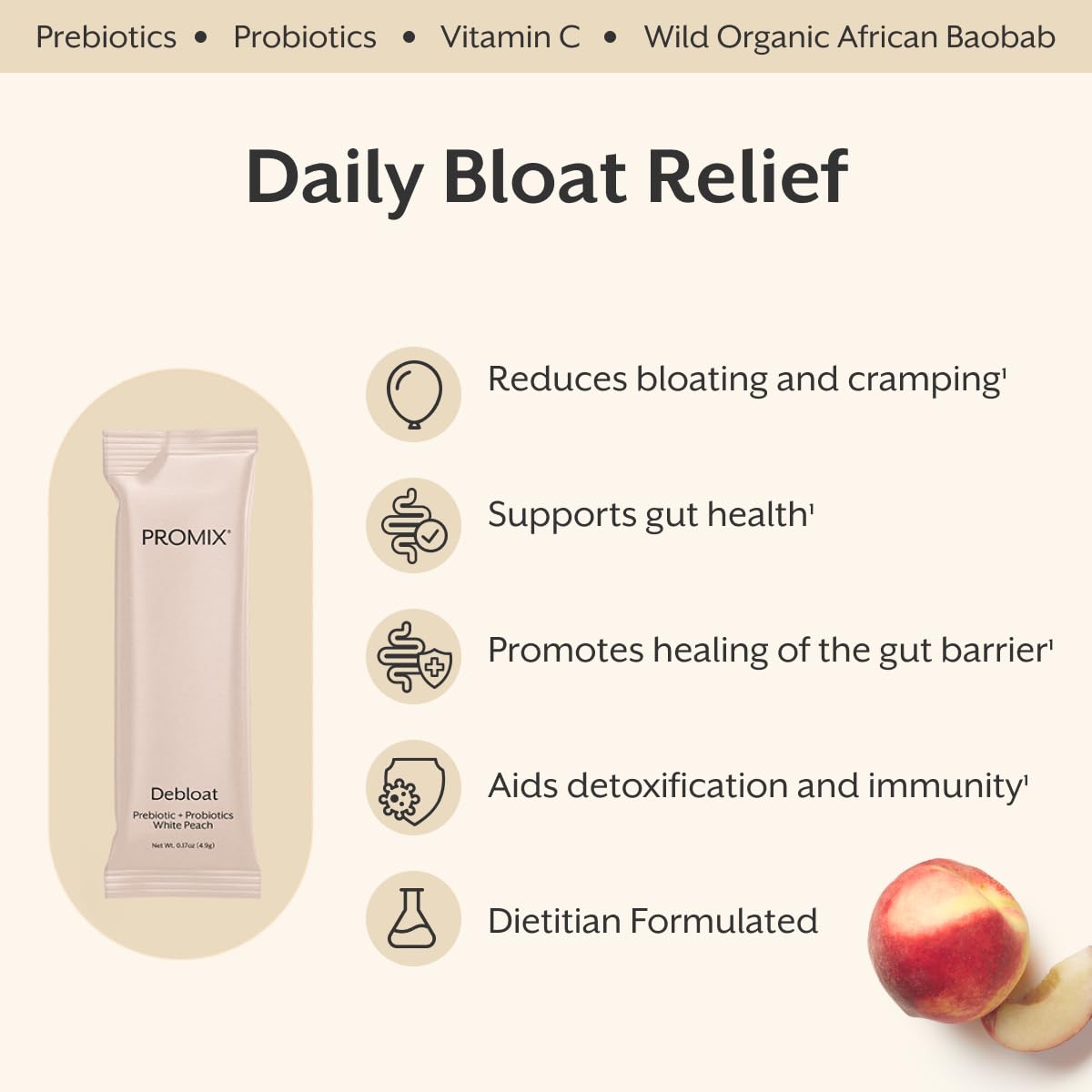 Promix Nutrition Debloat etiqueta: información clara sobre digestión y dosis correcta.