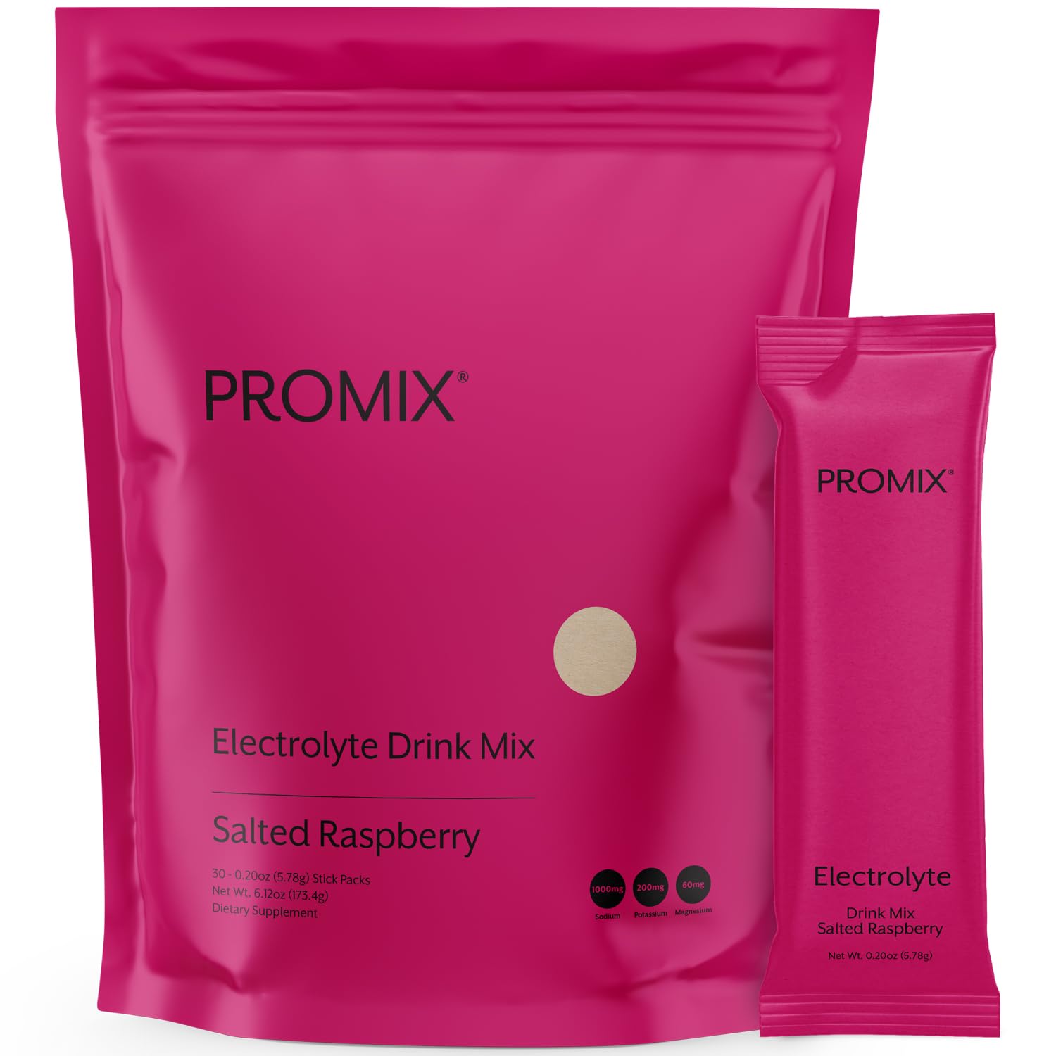 Promix Nutrition electrolitos polvo en paquetes frambuesa para hidratación equilibrada.