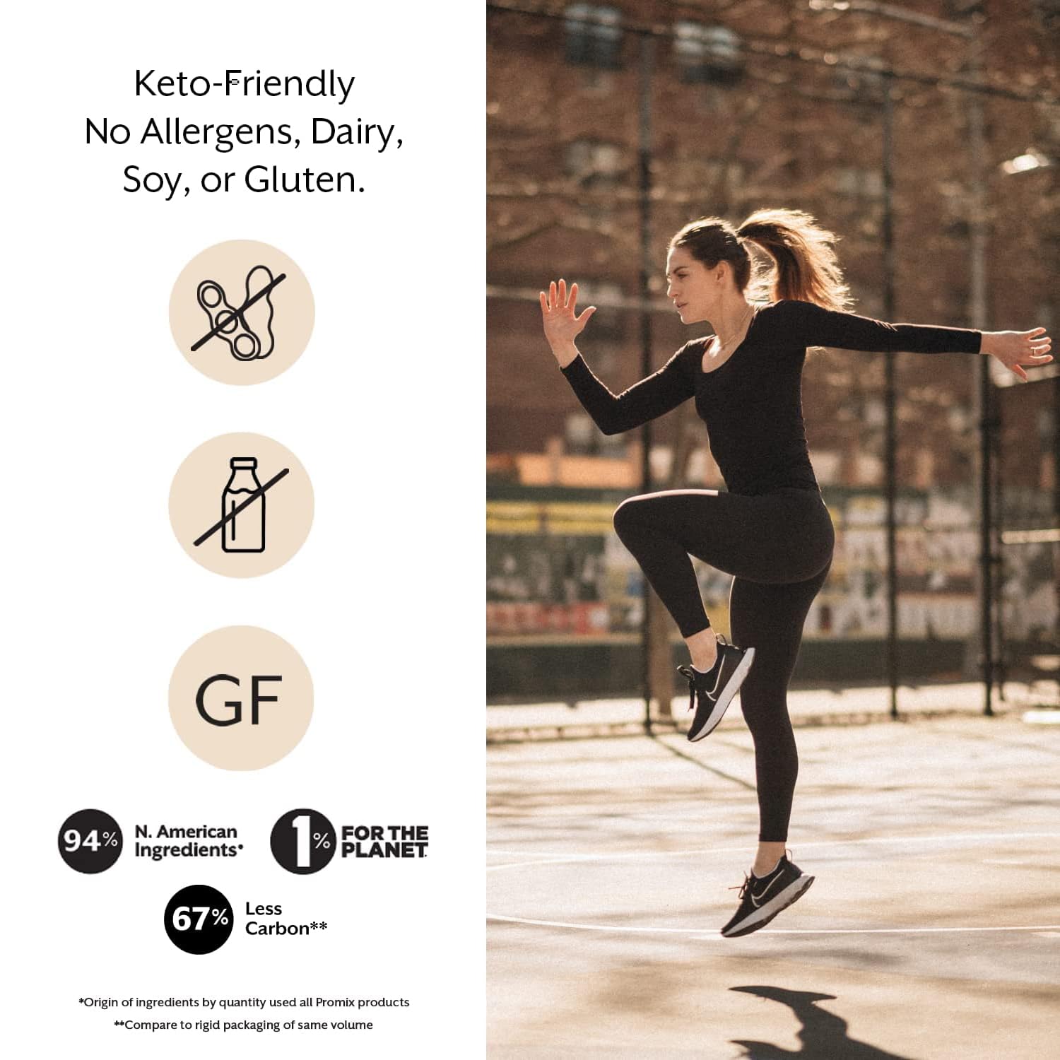Etiqueta limpia Promix: sin gluten ni OGM, ingredientes de calidad.