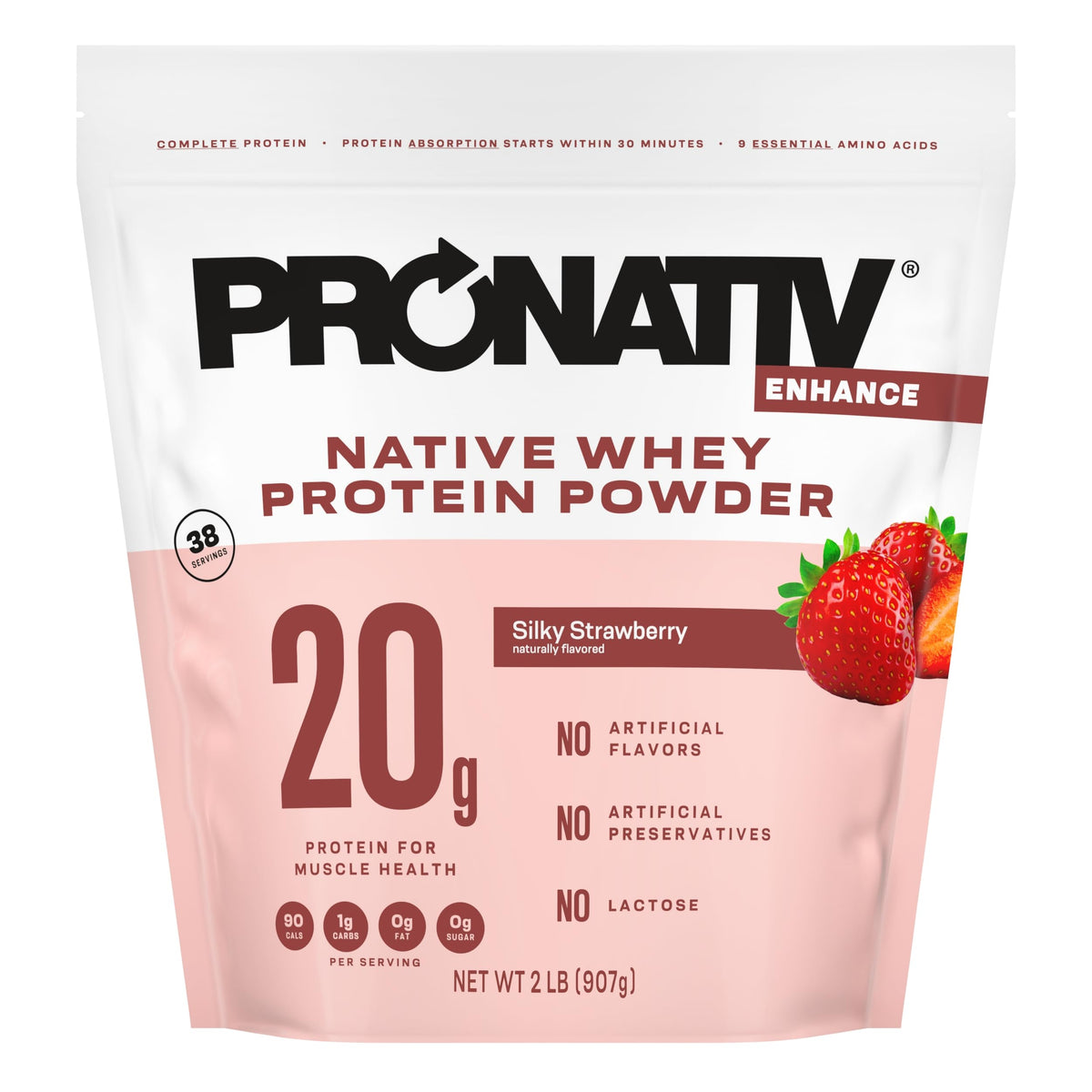 Pronativ Whey Native sabor fresa: batido suave para entrenamientos.