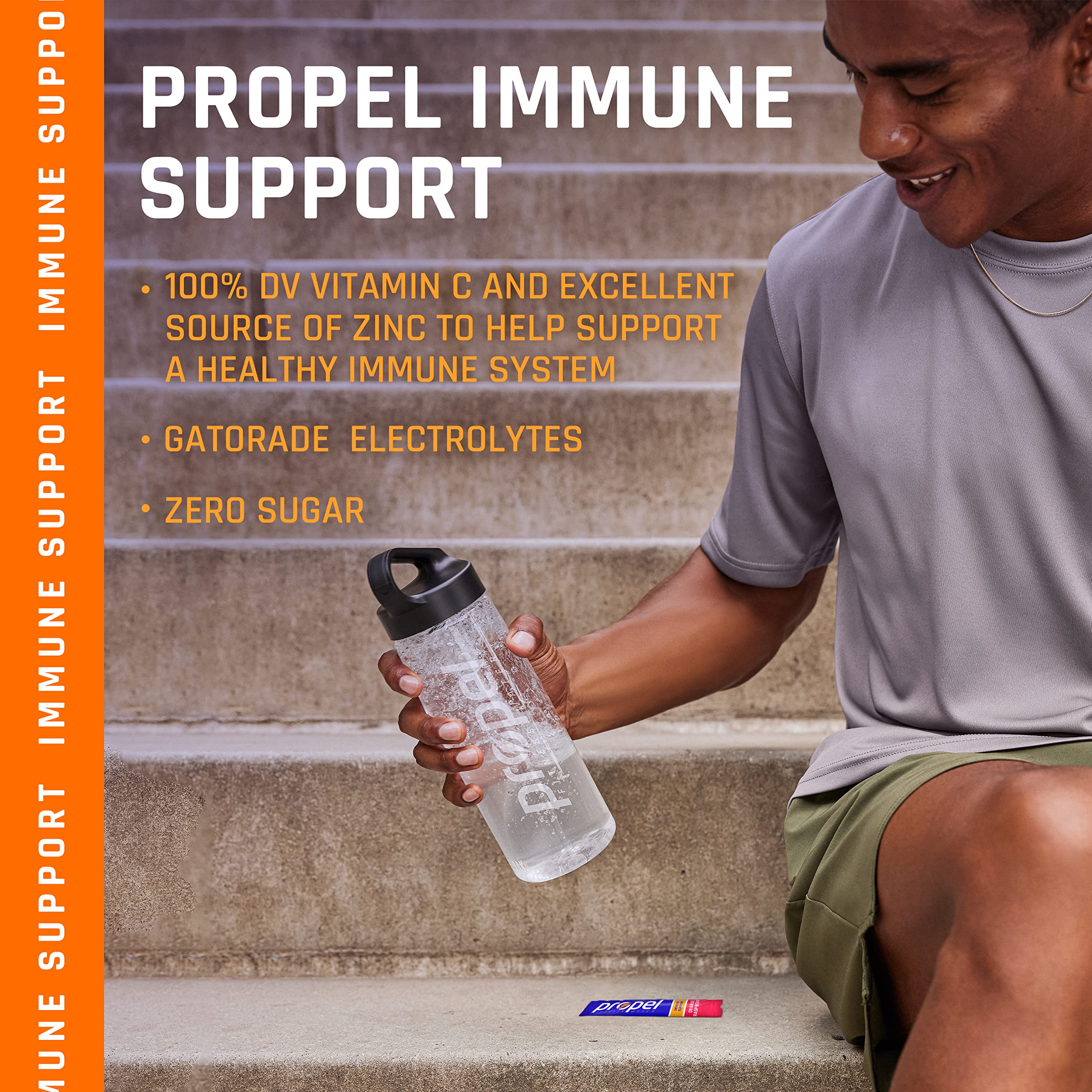 Propel Inmunidad en polvo, vaso listo, sabor limón y mora para tus momentos.