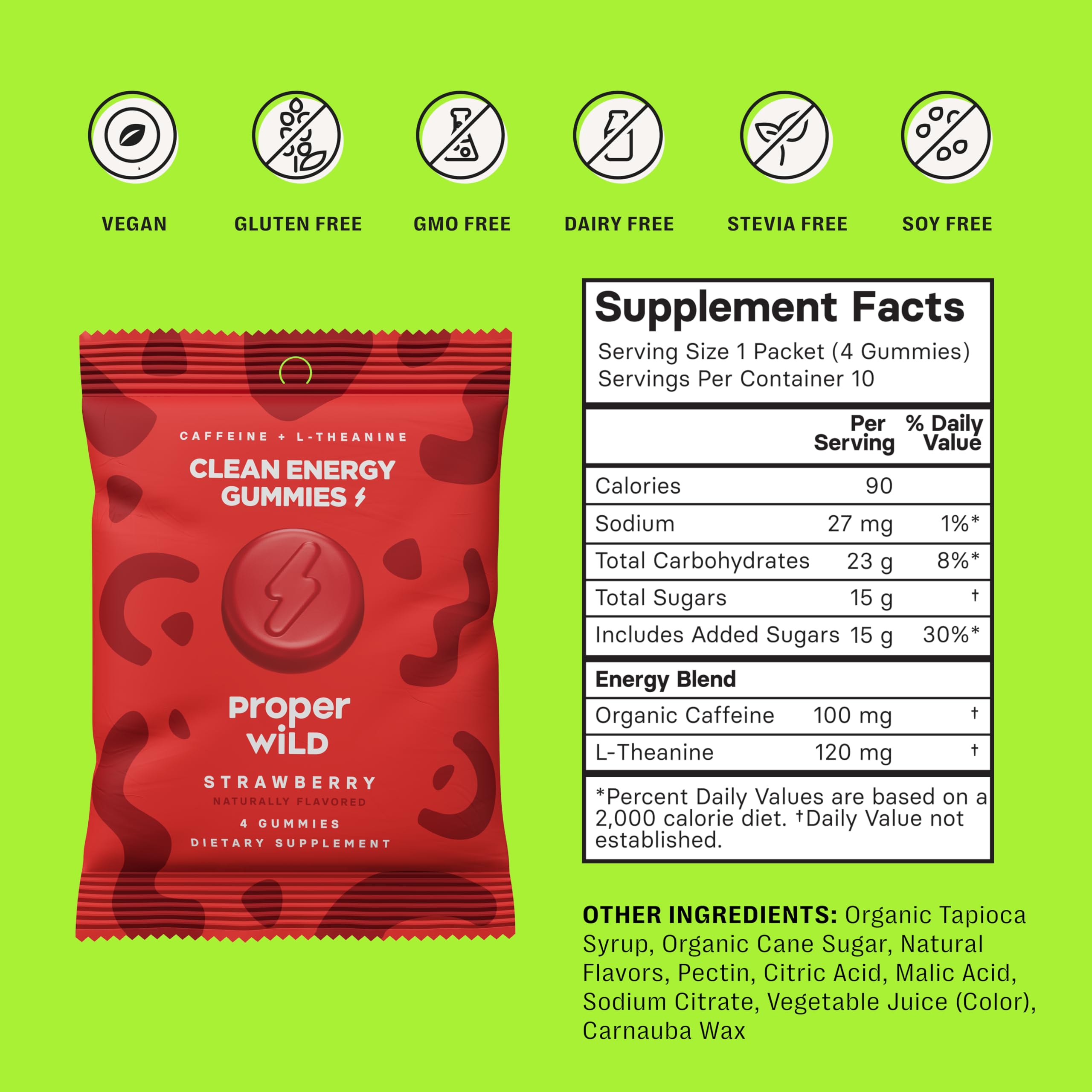 Proper Wild gomitas energizantes fresa, diseño de empaque práctico para llevar.