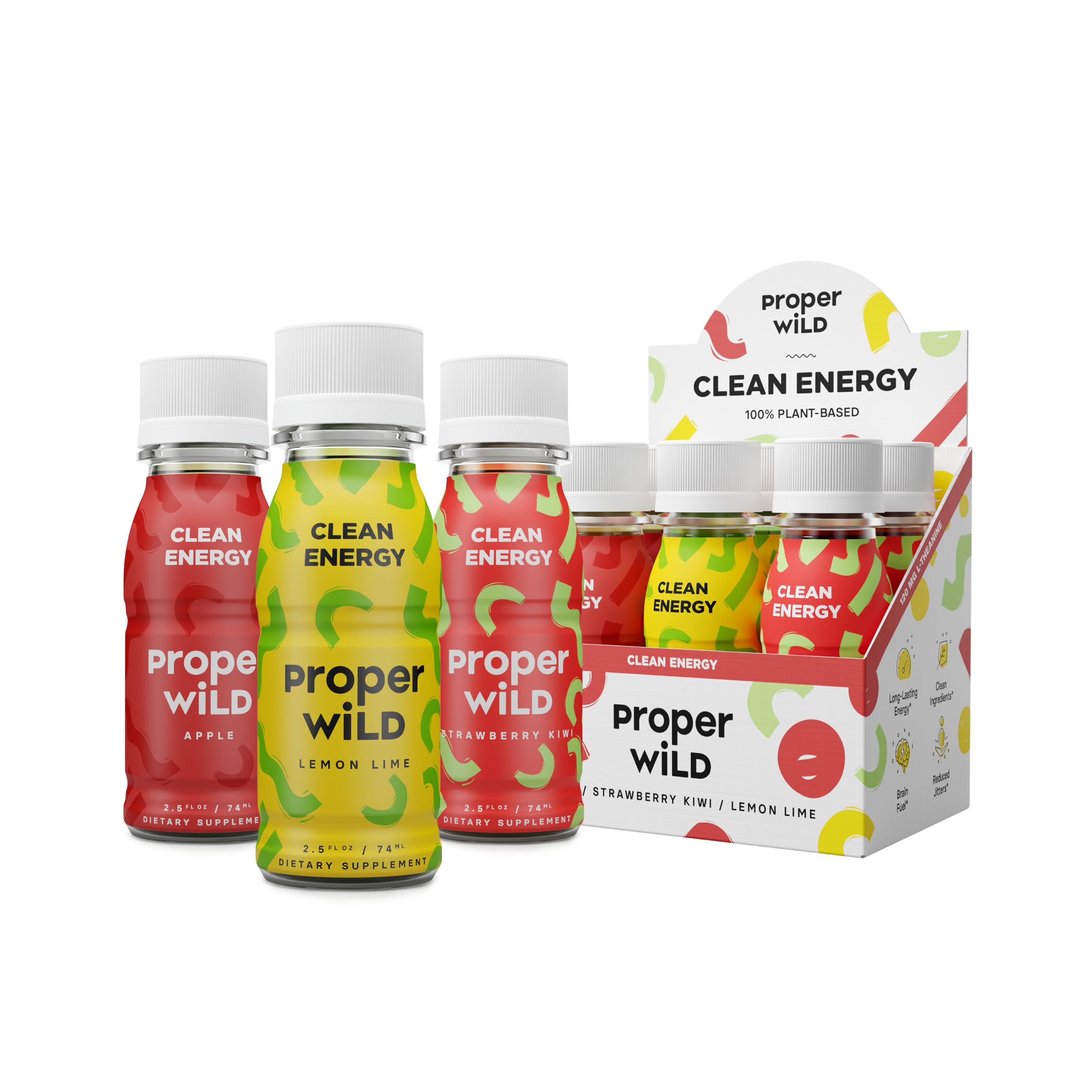 Proper Wild shot botella de energía con cafeína orgánica para enfoque sostenido.