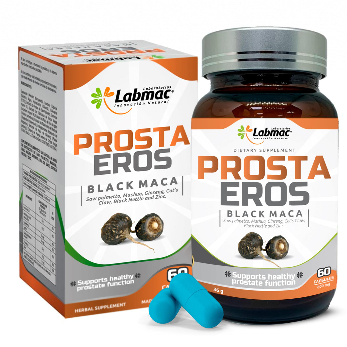 Prosta Eros: botella de 60 cápsulas para uso diario y apoyo prostático potencial