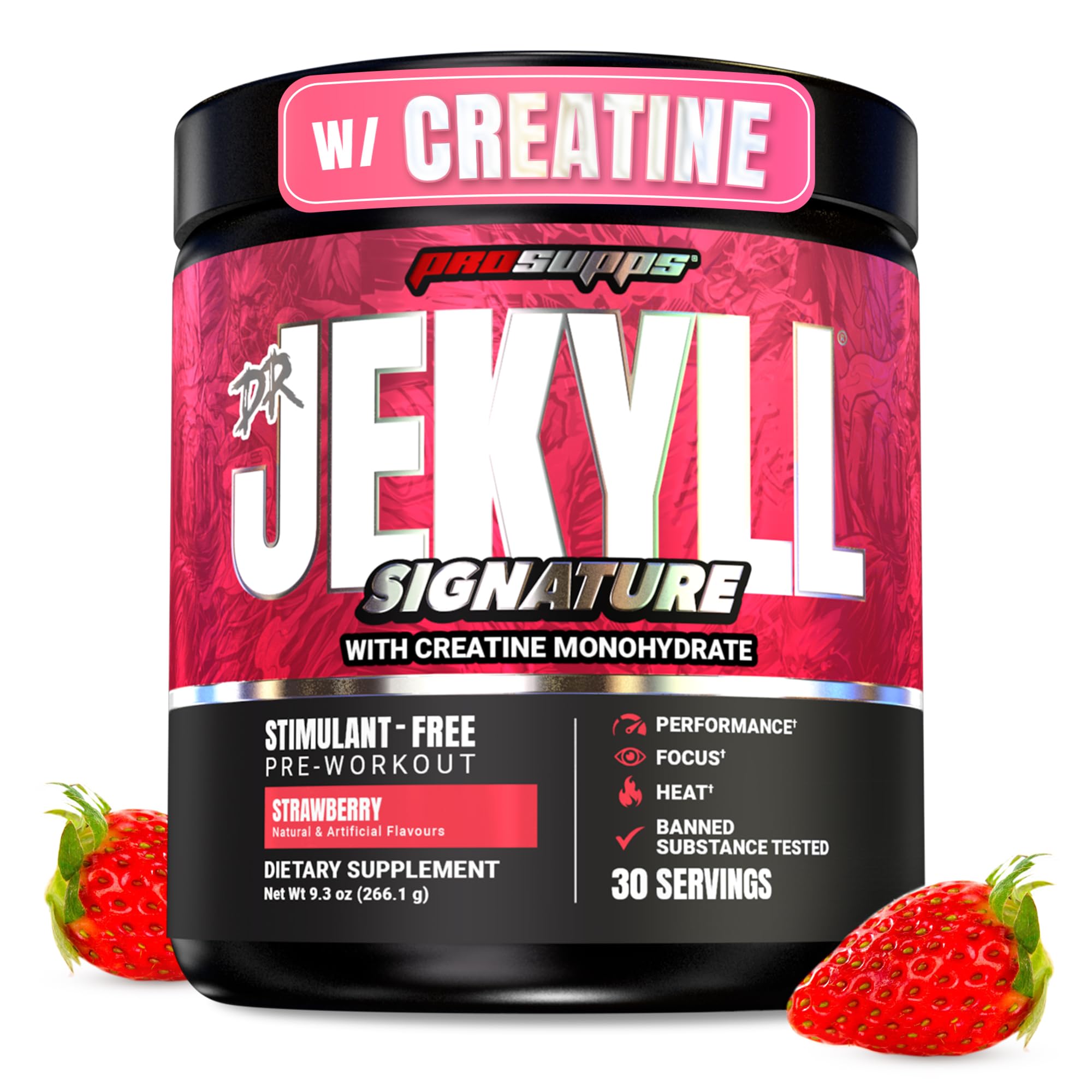 ProSupps Dr Jekyll Signature en botella, preentrenamiento sin cafeína para enfoque sostenido.