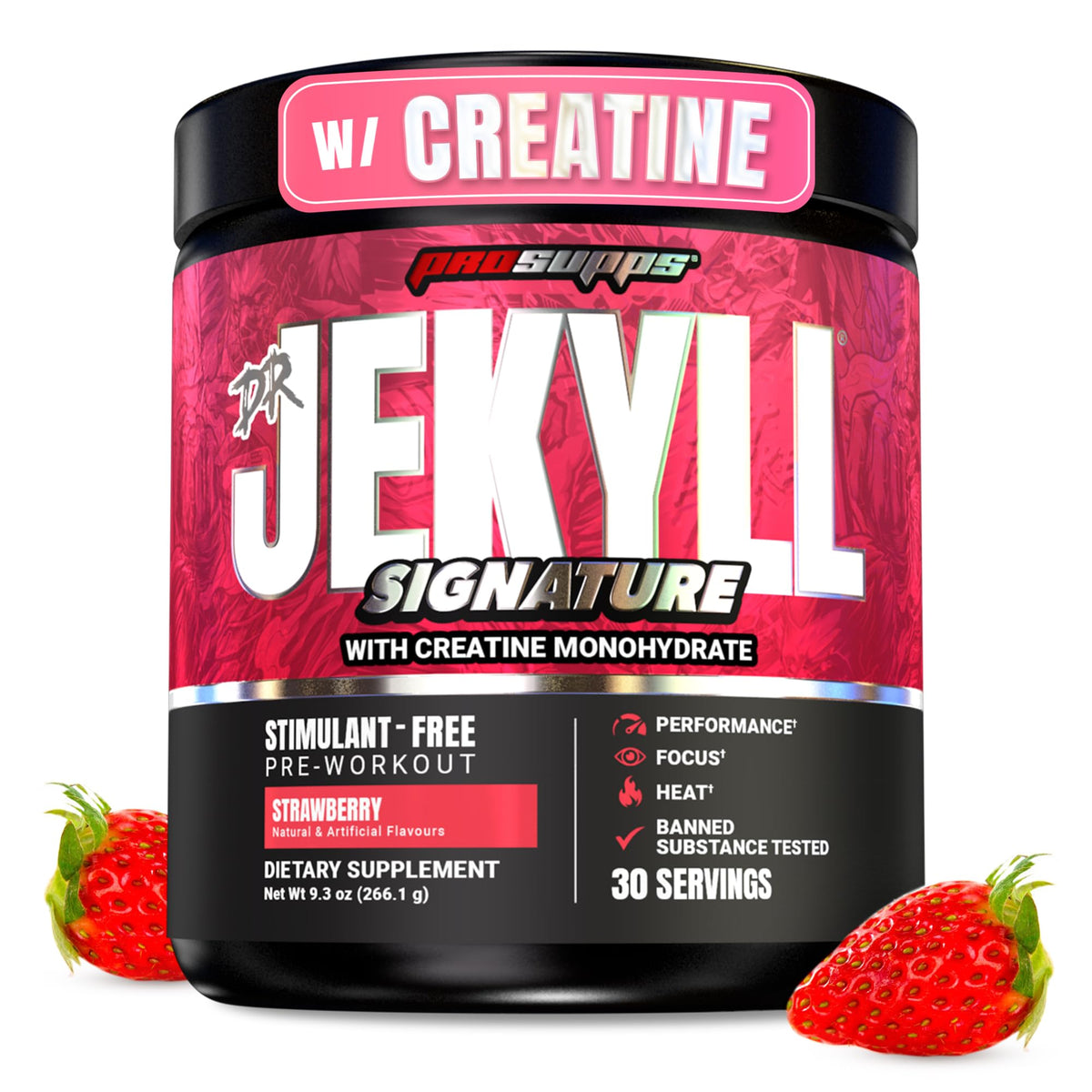 ProSupps Dr Jekyll Signature en botella, preentrenamiento sin cafeína para enfoque sostenido.