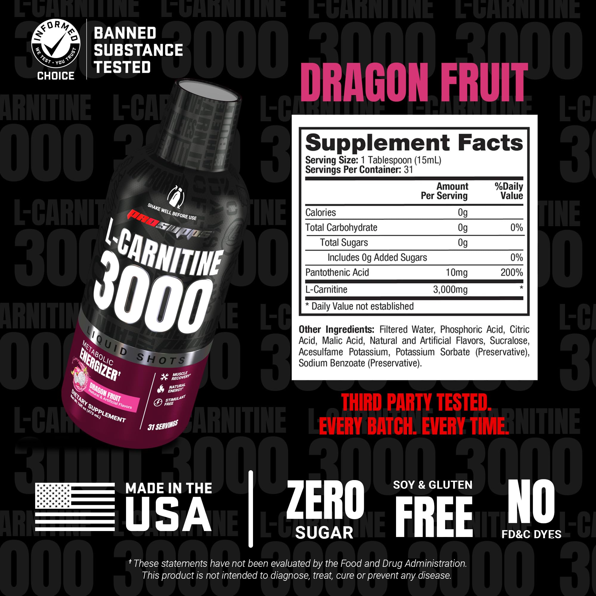 PROSUPPS L-Carnitina Líquida 3000, detalle Vitamina B5, soporte para energía eficiente.