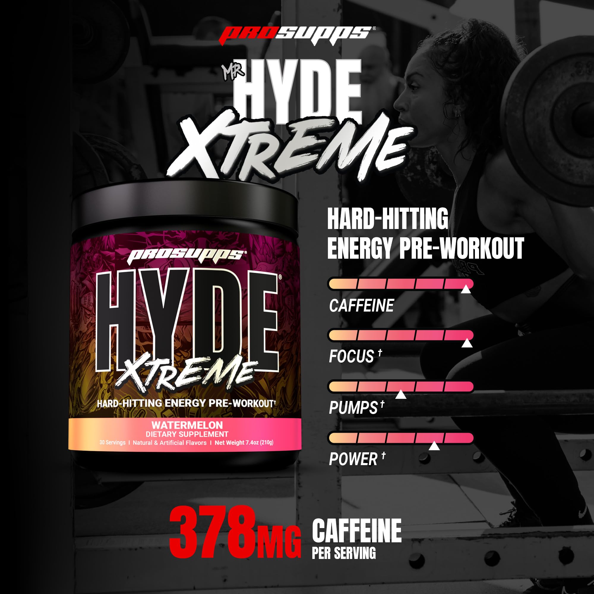 ProSupps Mr Hyde Extremo, bote preentrenamiento para energía sostenida y enfoque.