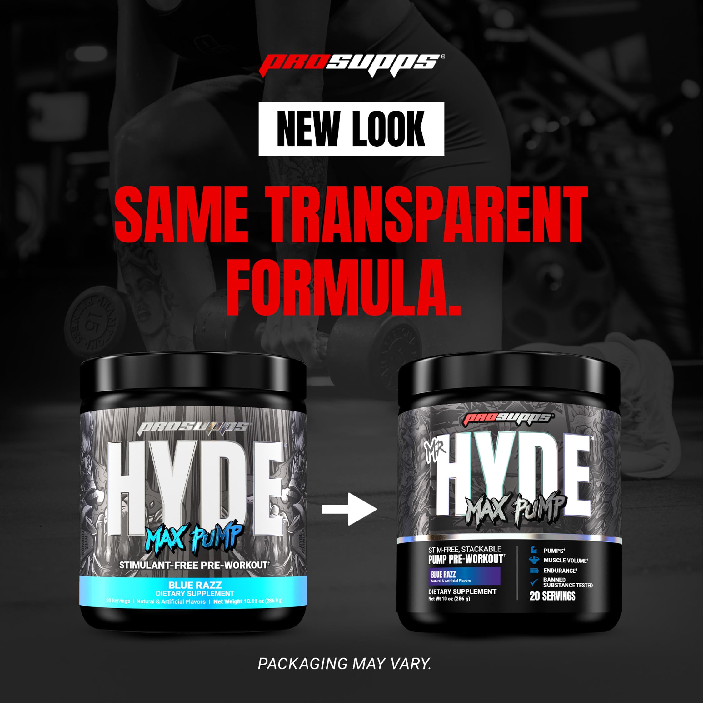 Presentación de envase de Mr. Hyde Max Pump, sin cafeína y sin rellenos.