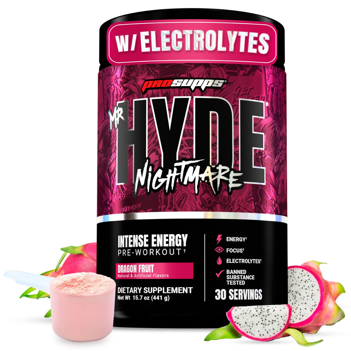 ProSupps Mr. Hyde Nightmare, envase elegante, energía para entrenamiento intenso.