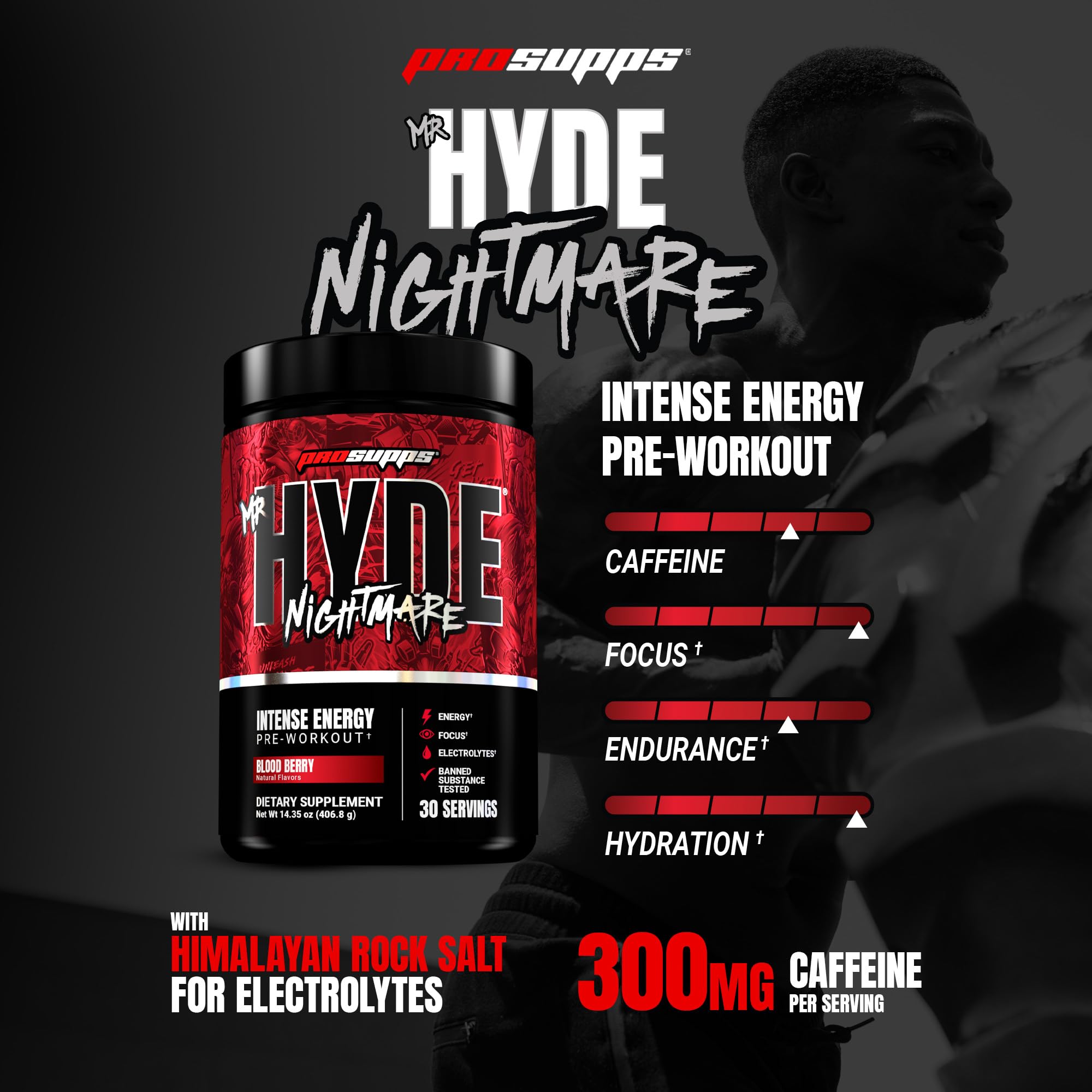 ProSupps Mr. HYDE Nightmare sabor Blood Berry para enfoque sostenido.