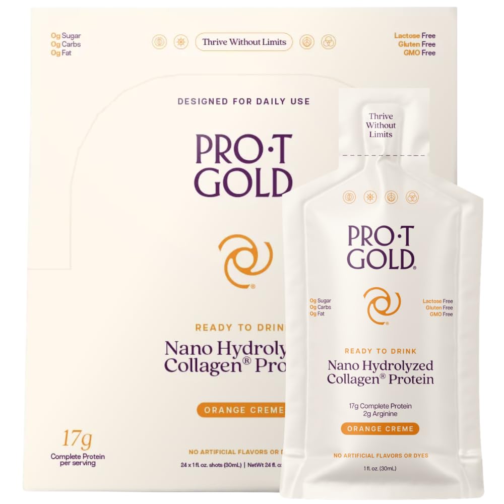 ProT Gold colágeno líquido envase naranja para consumo inmediato.
