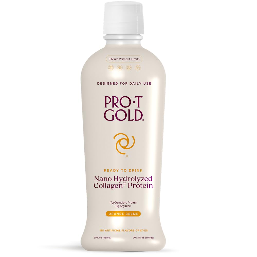 ProT Gold colágeno líquido, botella naranja crema, experiencia proteica diaria.