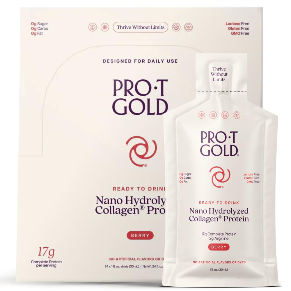 ProT Gold colágeno líquido sabor baya, porción de 1 onza para recuperación posentrenamiento
