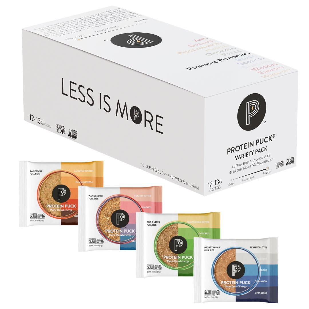 Protein Puck: variedad de barras en caja de 16 para snack saludable.