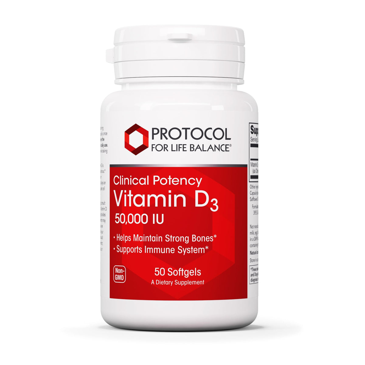 Protocol D3 50000 UI, botella con cápsulas para huesos y dientes más fuertes.