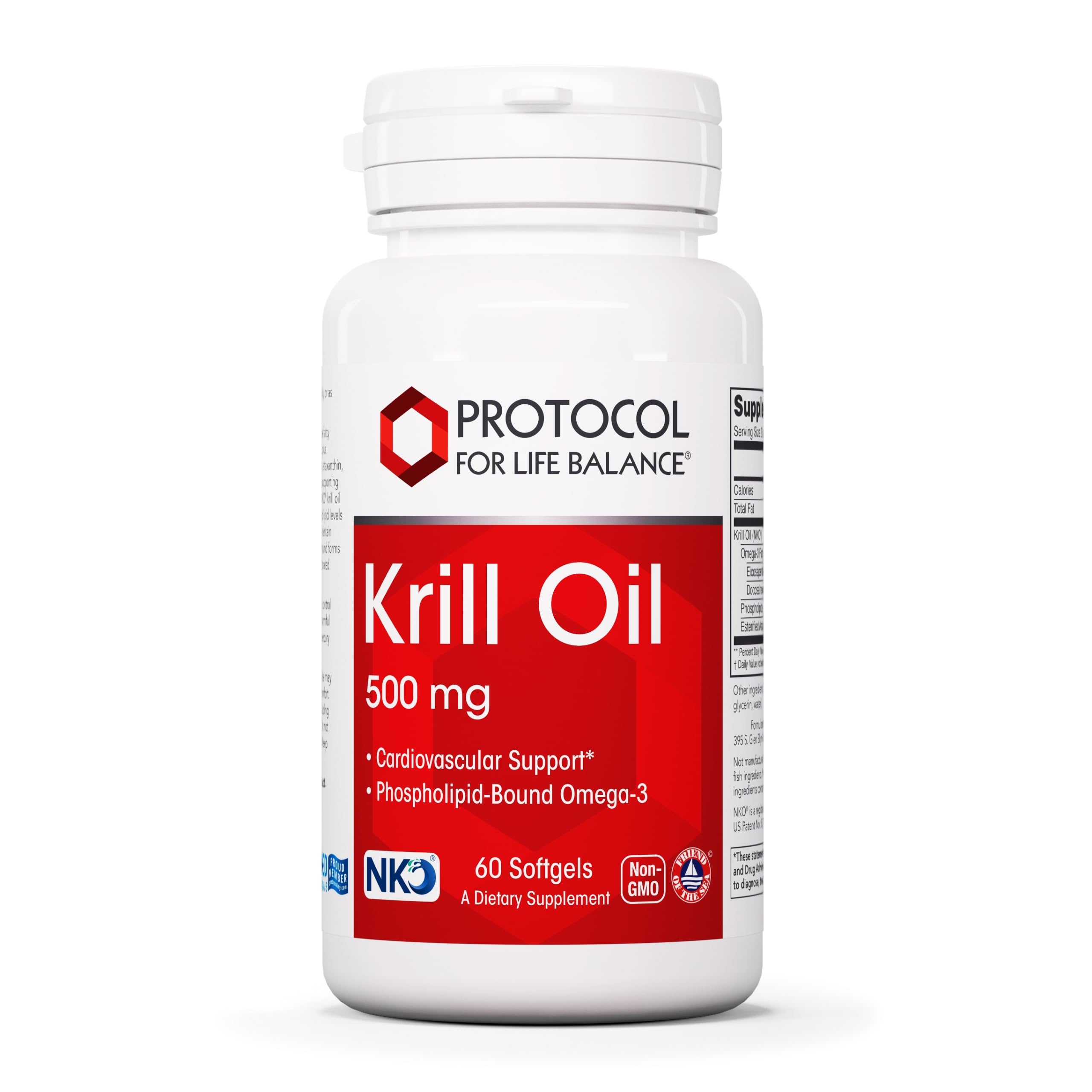 PROTOCOL FOR LIFE BALANCE aceite de krill 500 mg, botella visible, apoyo potencial para la salud cardíaca.
