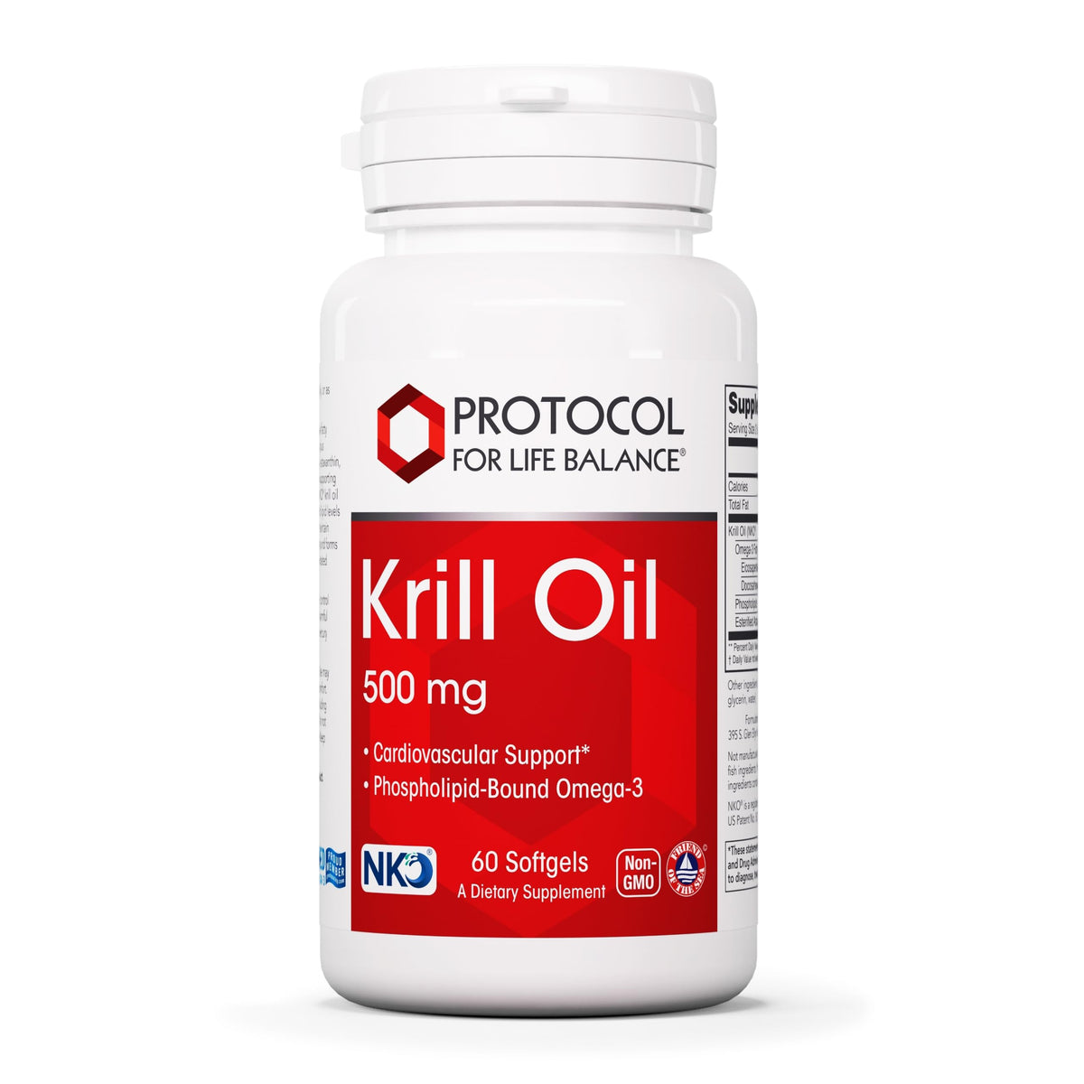 PROTOCOL FOR LIFE BALANCE aceite de krill 500 mg, botella visible, apoyo potencial para la salud cardíaca.