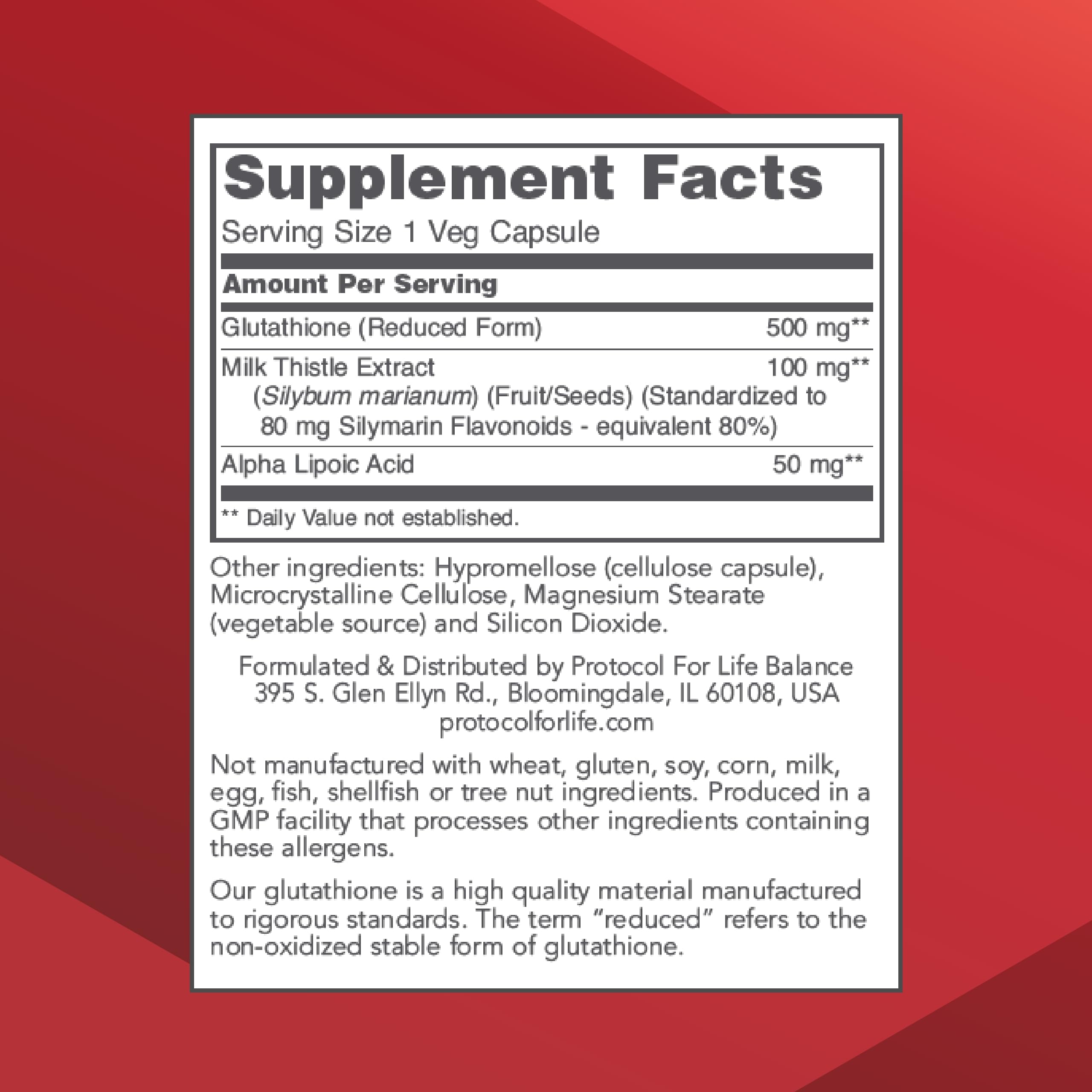PROTOCOL FOR LIFE BALANCE botella de glutatión 500 mg para uso práctico