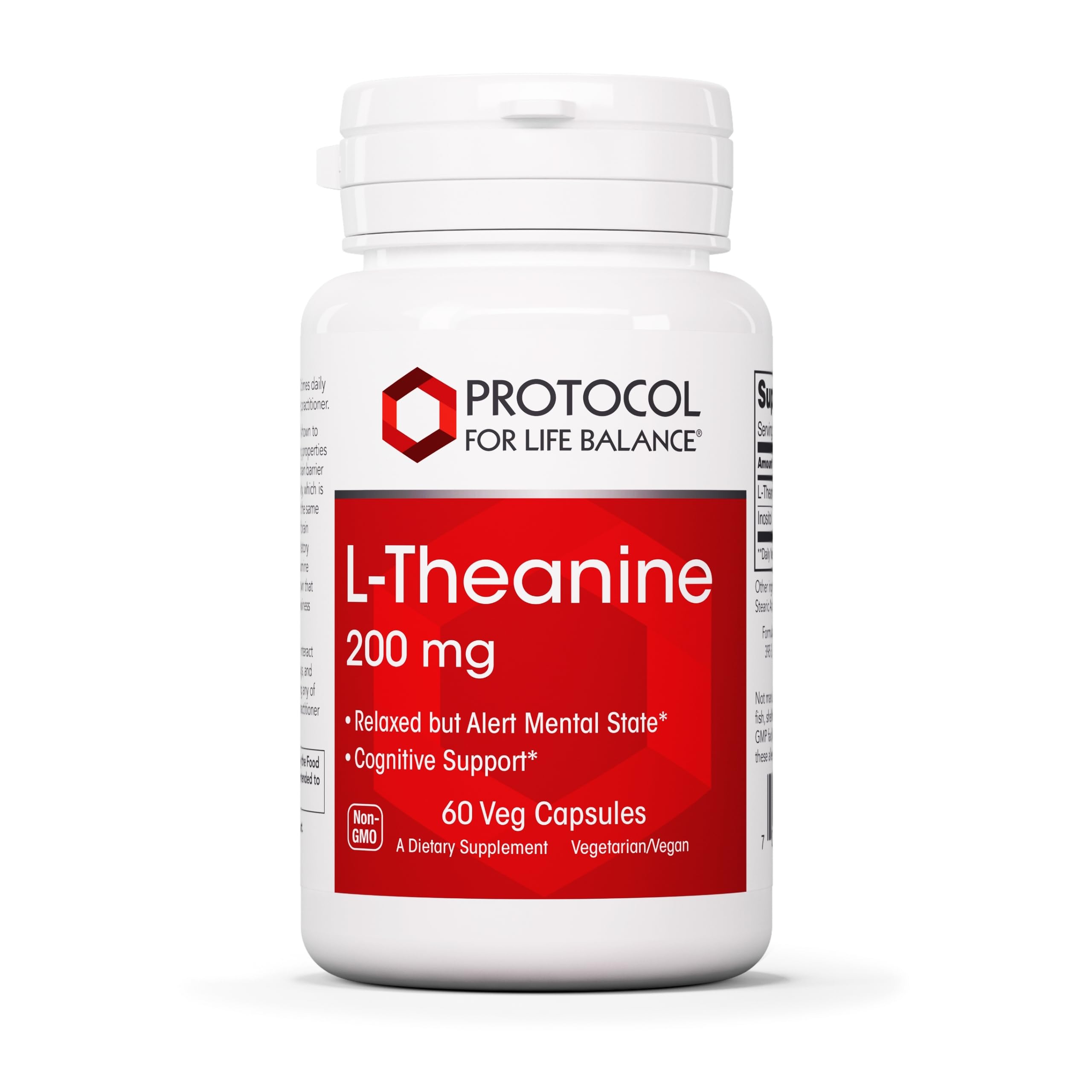 Botella de PROTOCOL FOR LIFE BALANCE L-teanina 200mg para un estado relajado y atento.