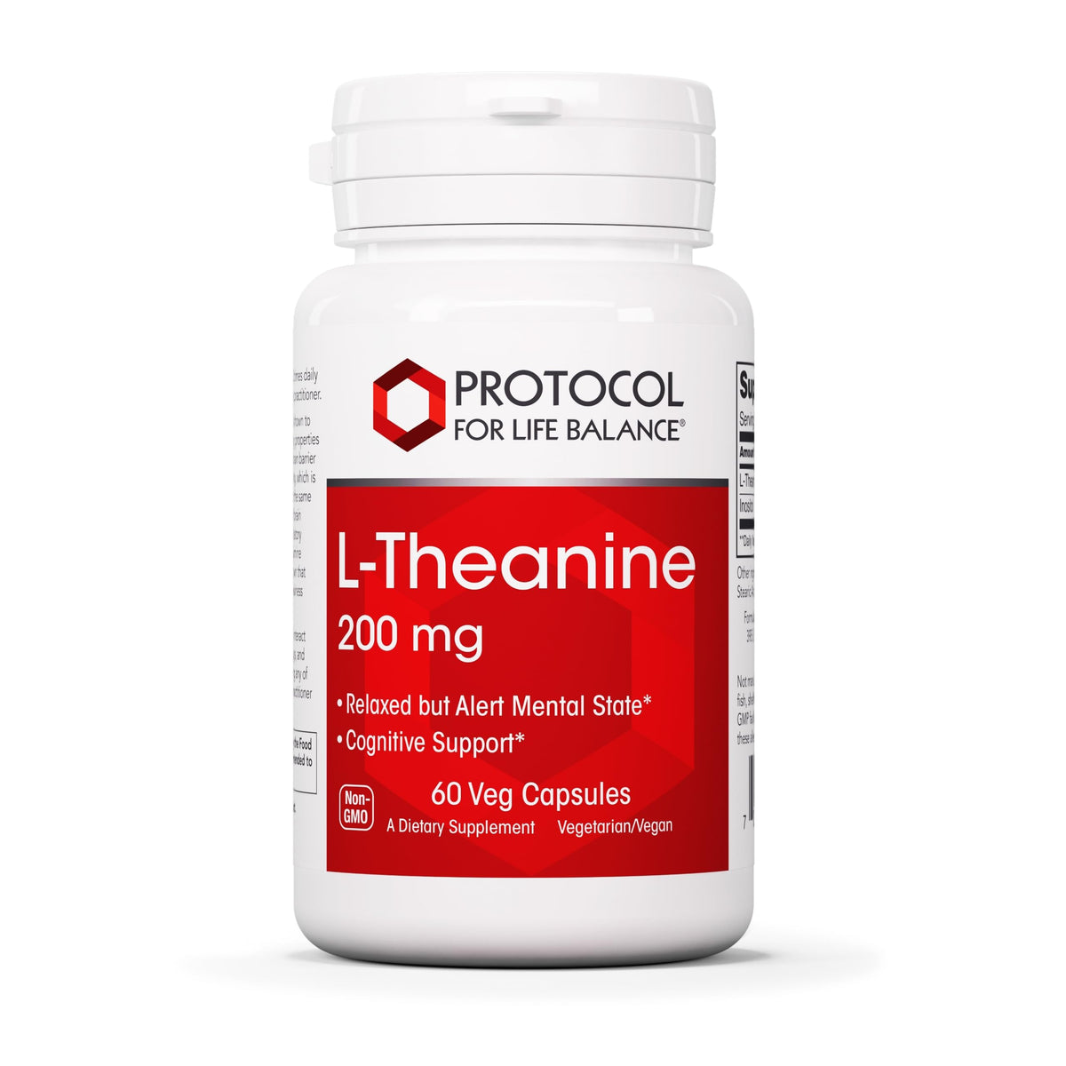 Botella de PROTOCOL FOR LIFE BALANCE L-teanina 200mg para un estado relajado y atento.