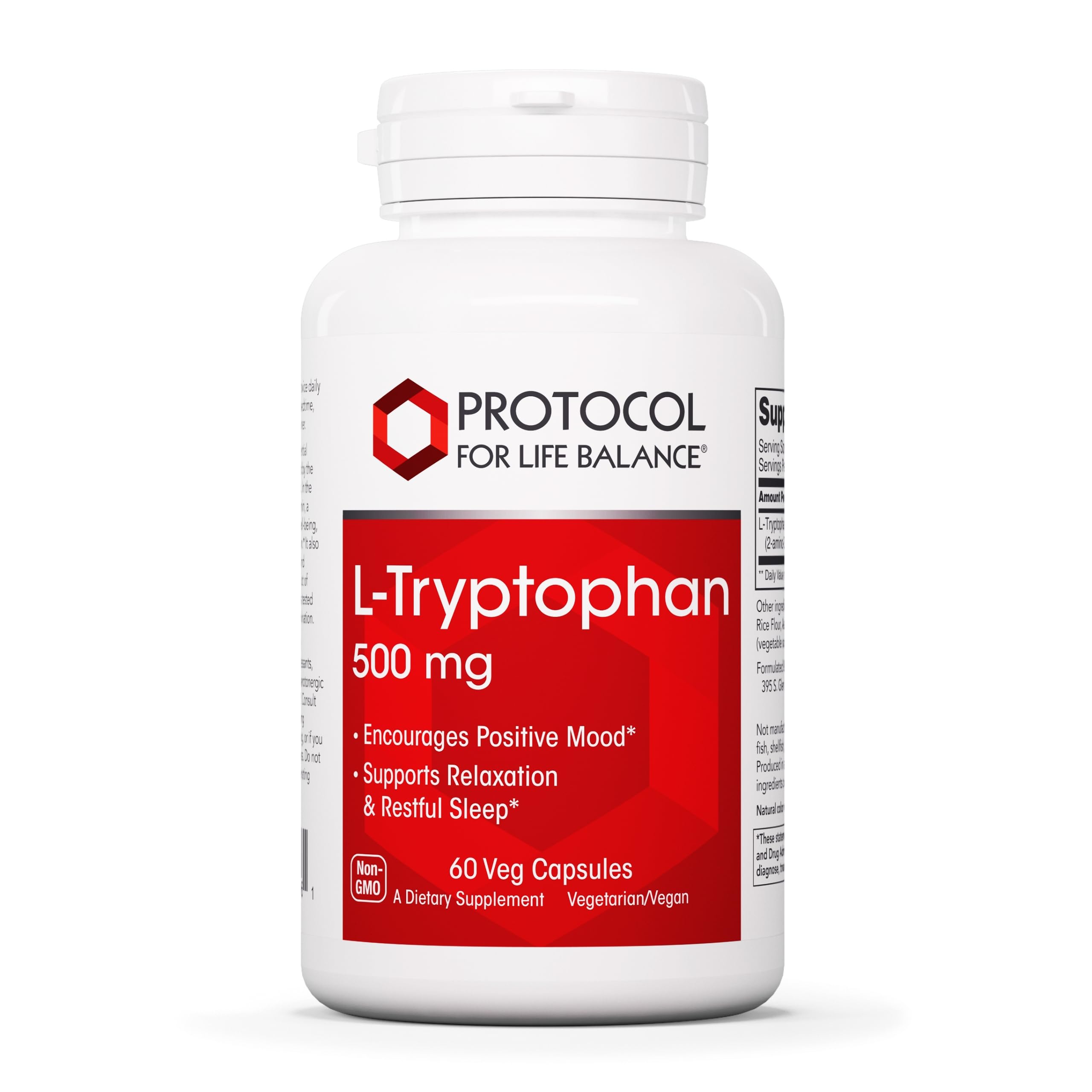PROTOCOL FOR LIFE BALANCE L-Tryptophan 500mg en botella, apoyo al sueño tranquilo.