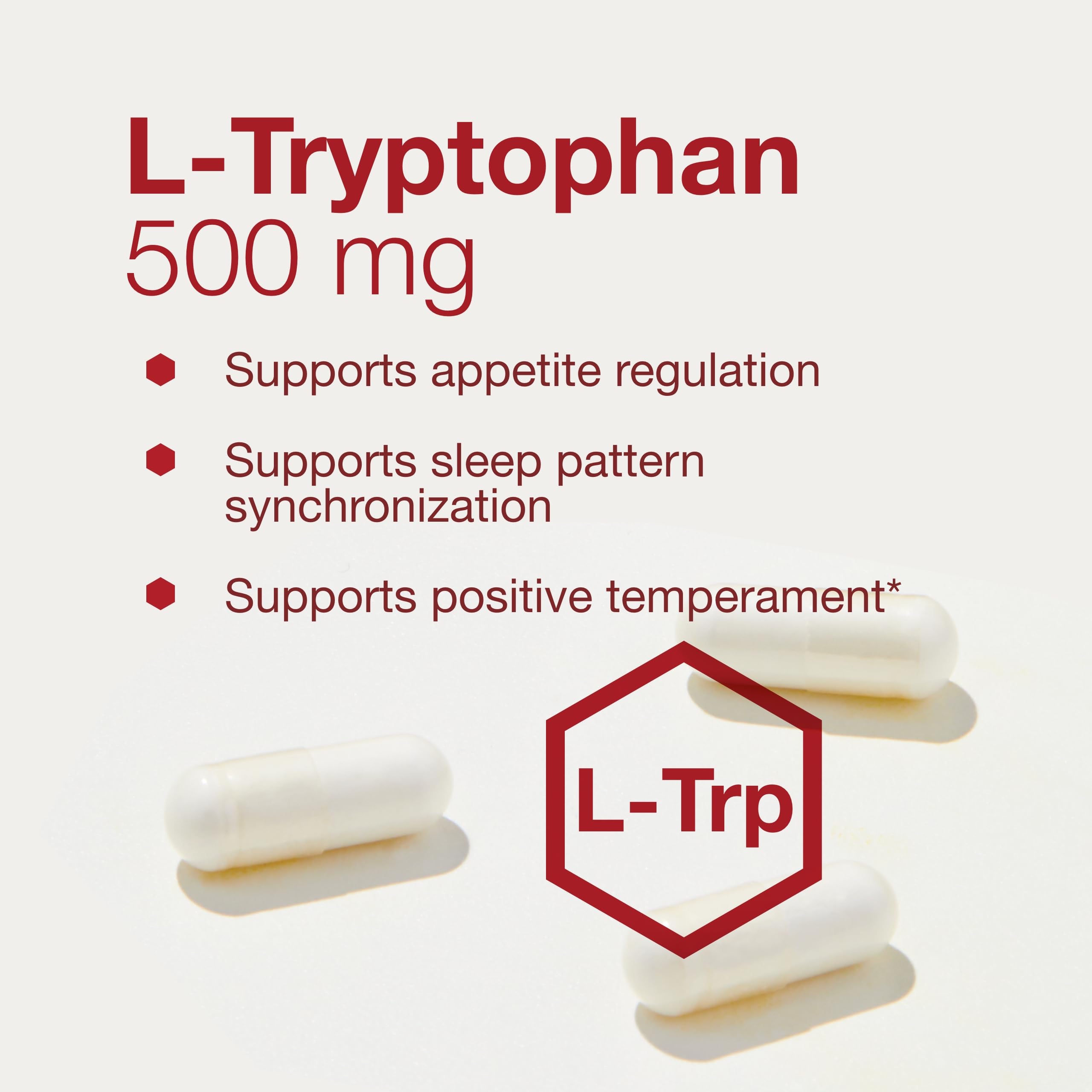 Cápsulas en mano de PROTOCOL FOR LIFE BALANCE L-Tryptophan 500mg, consumo diario.