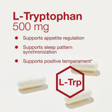 Cápsulas en mano de PROTOCOL FOR LIFE BALANCE L-Tryptophan 500mg, consumo diario.