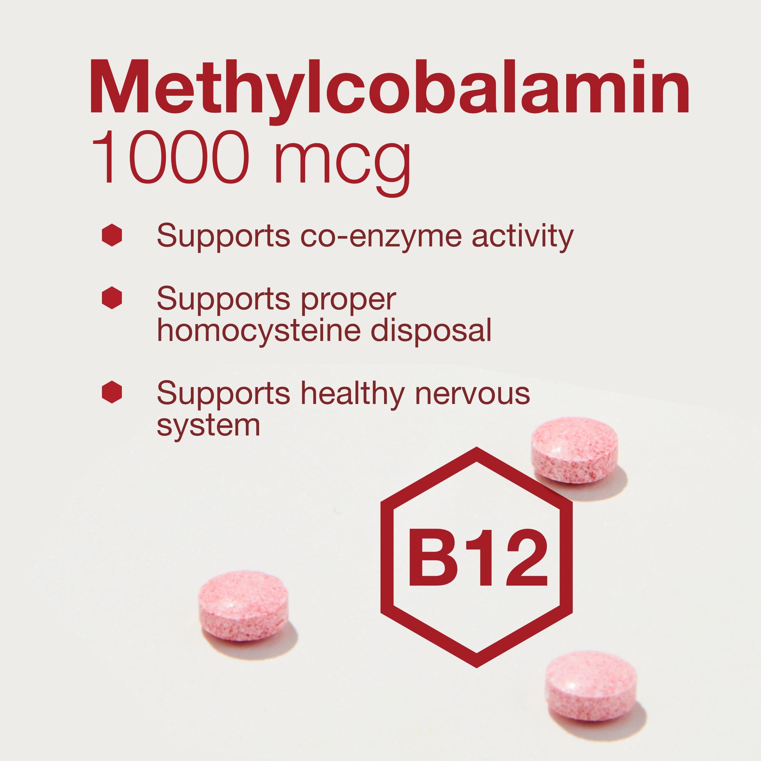 Primer plano de una pastilla Methyl B12 1000mcg con textura suave.