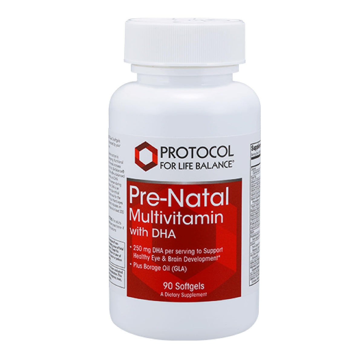 Protocol For Life Balance Pre-Natal DHA 250 mg, botella lista para uso diario durante el embarazo.