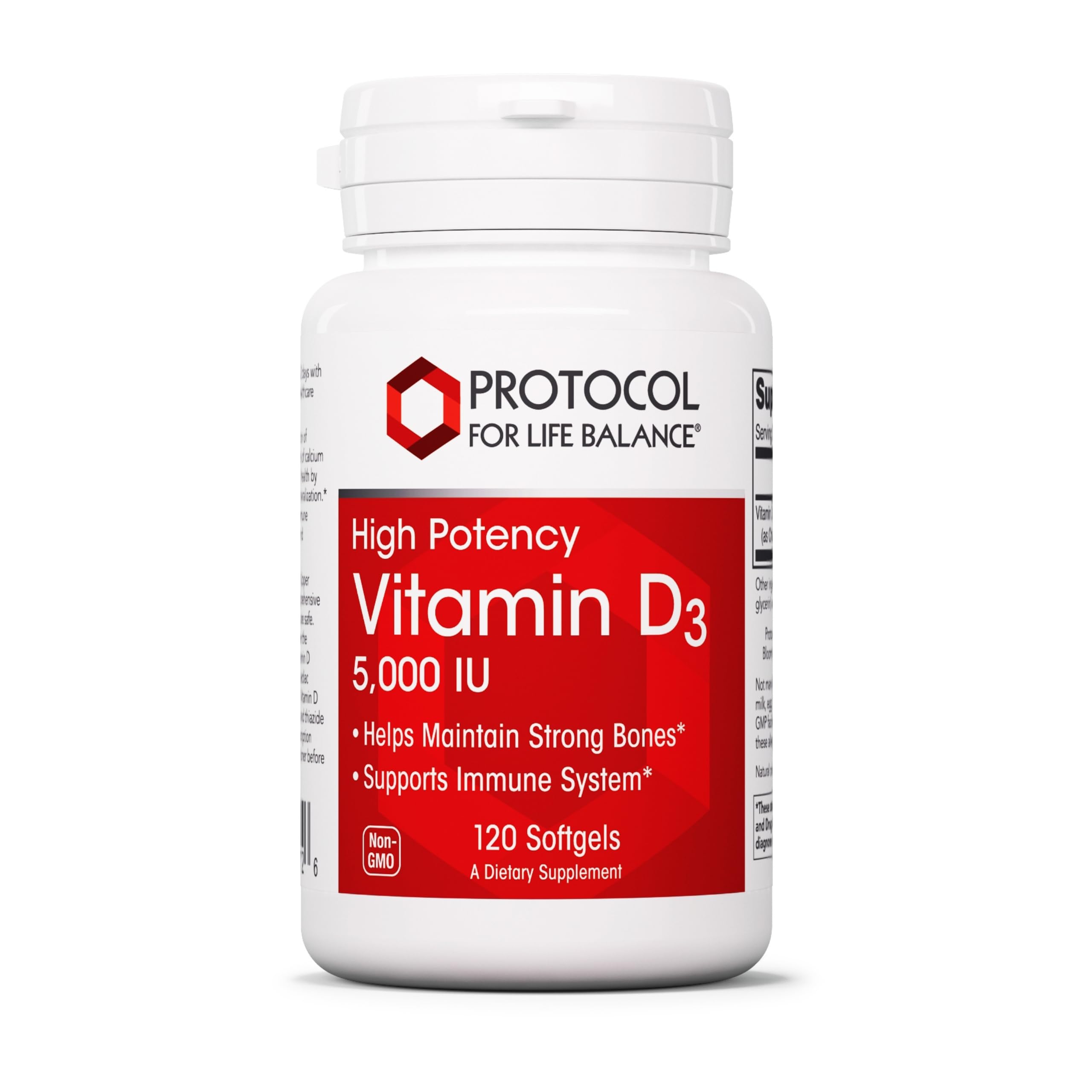 PROTOCOL FOR LIFE BALANCE Vitamina D3 5000IU — botella con cápsulas blandas para apoyar la salud ósea