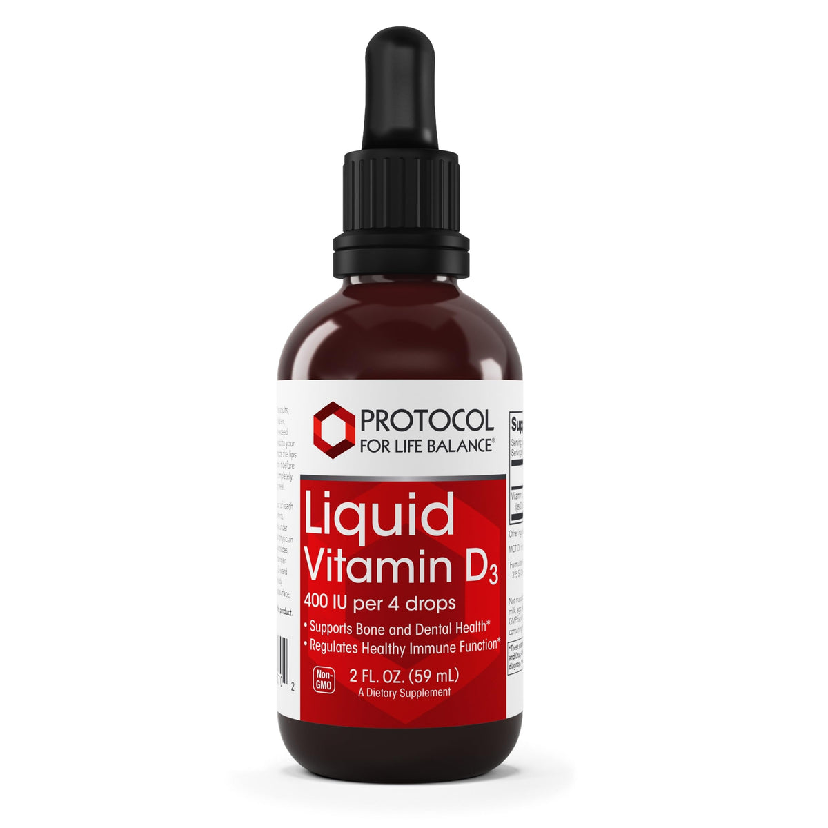 Vitamina D3 líquida PROTOCOL FOR LIFE BALANCE en frasco con gotero para dosis diaria.