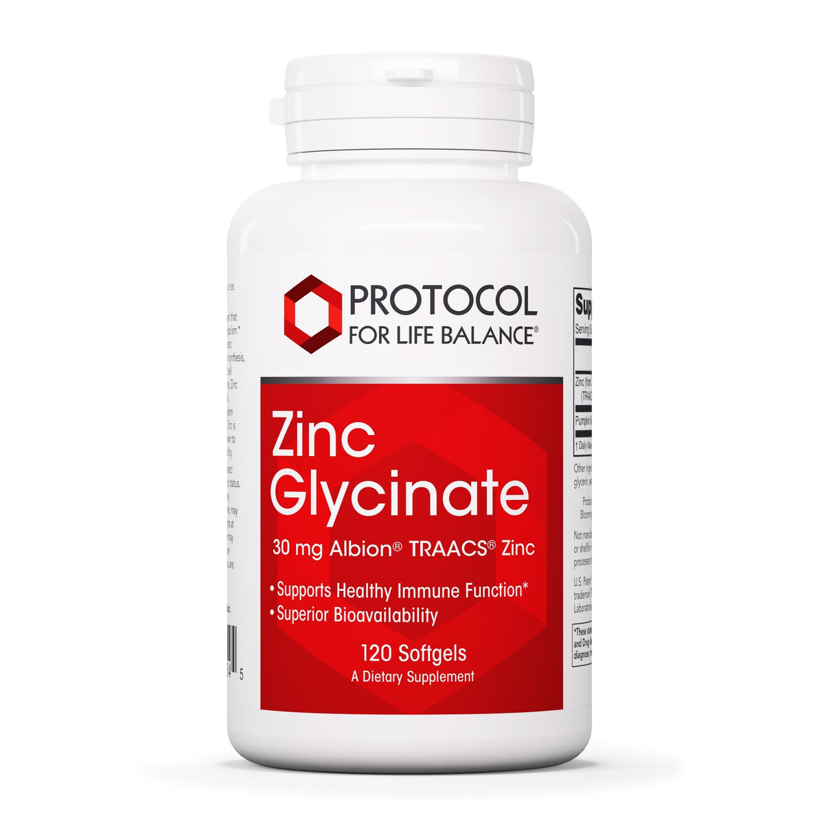 PROTOCOL FOR LIFE BALANCE Zinc Glycinate 30mg, botella, apoyo al sistema inmune diario.