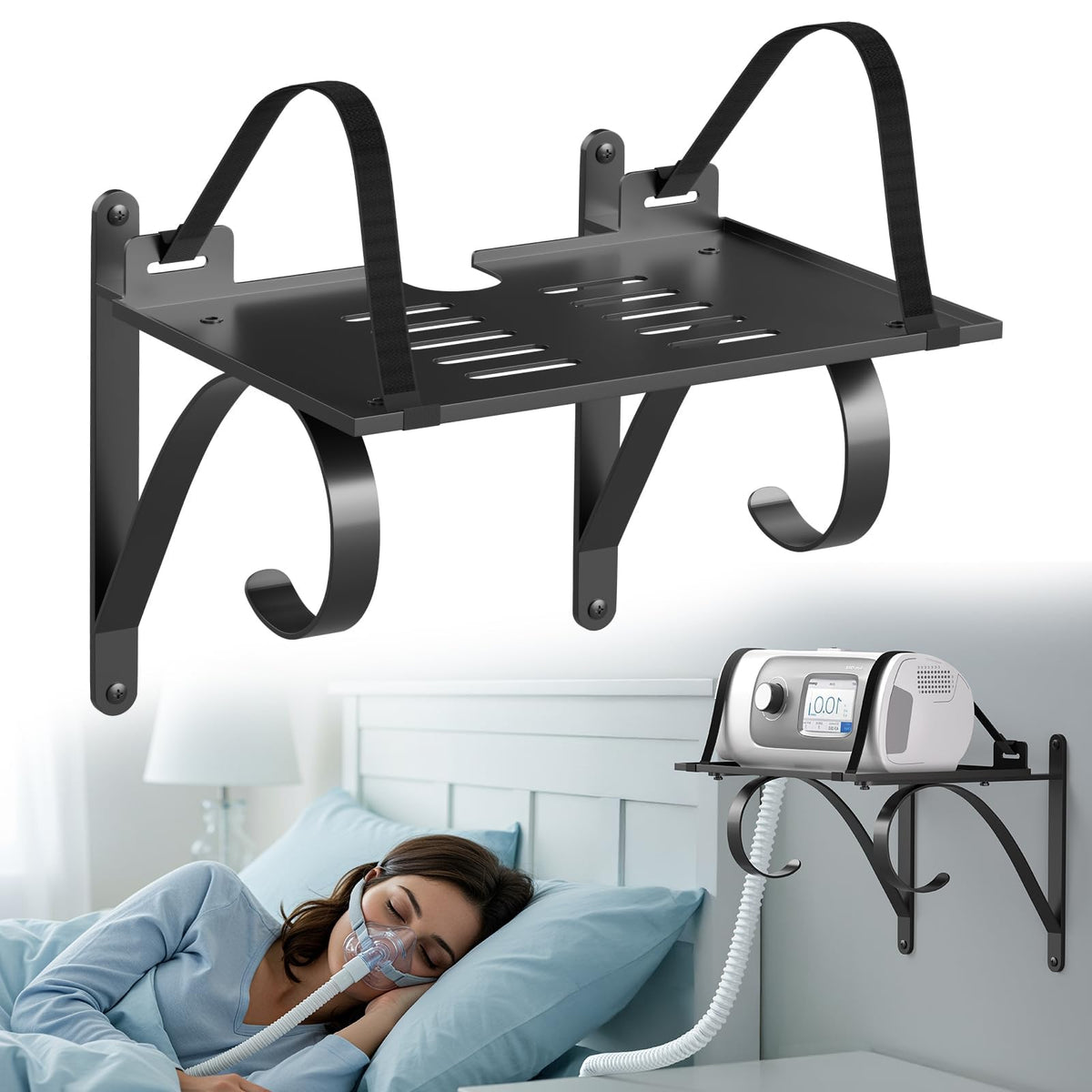 ProtoRack CPAP: soporte de pared con superficie amplia para máquina grande y estable.