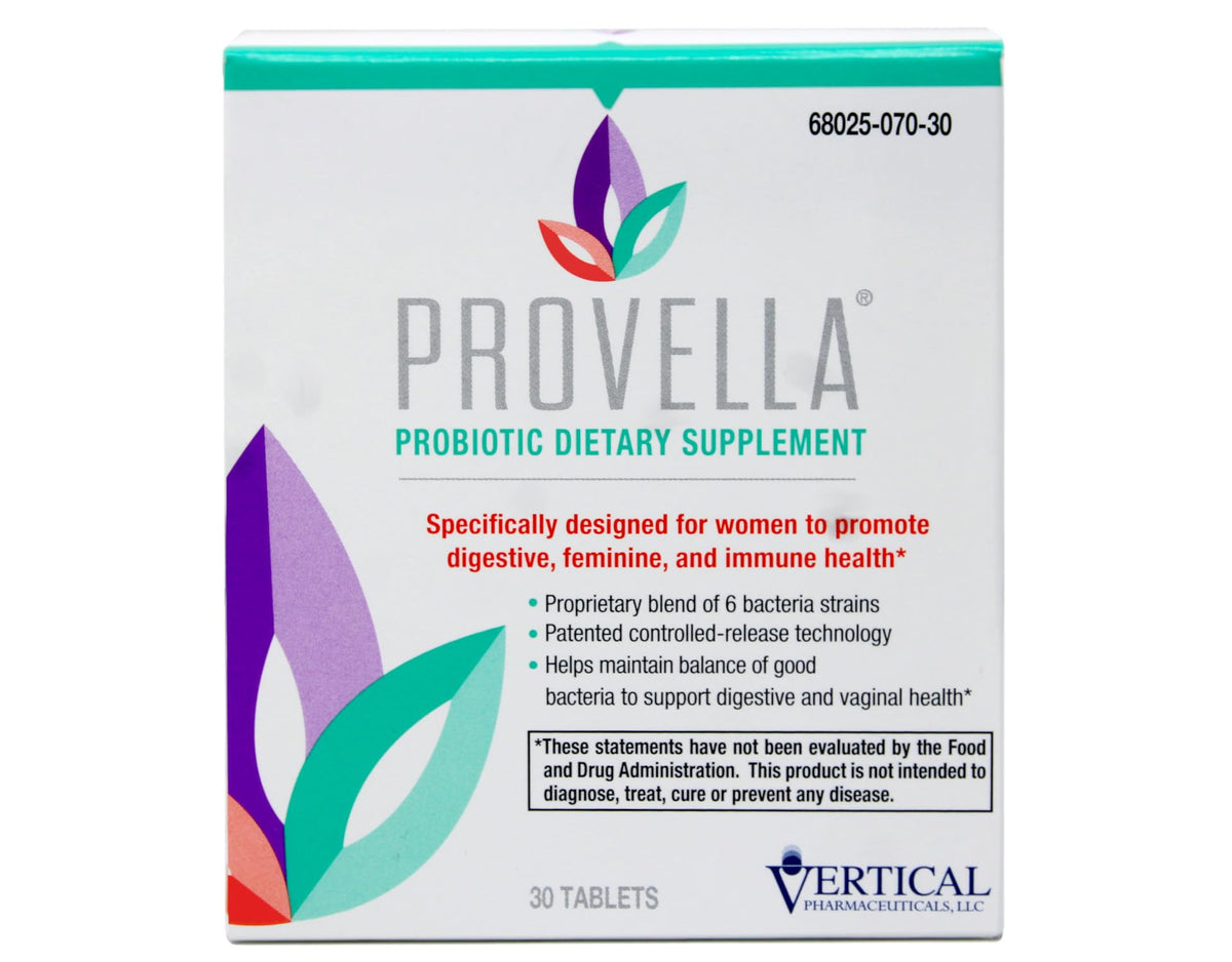 Provella: botella de tabletas probióticas para equilibrio digestivo.