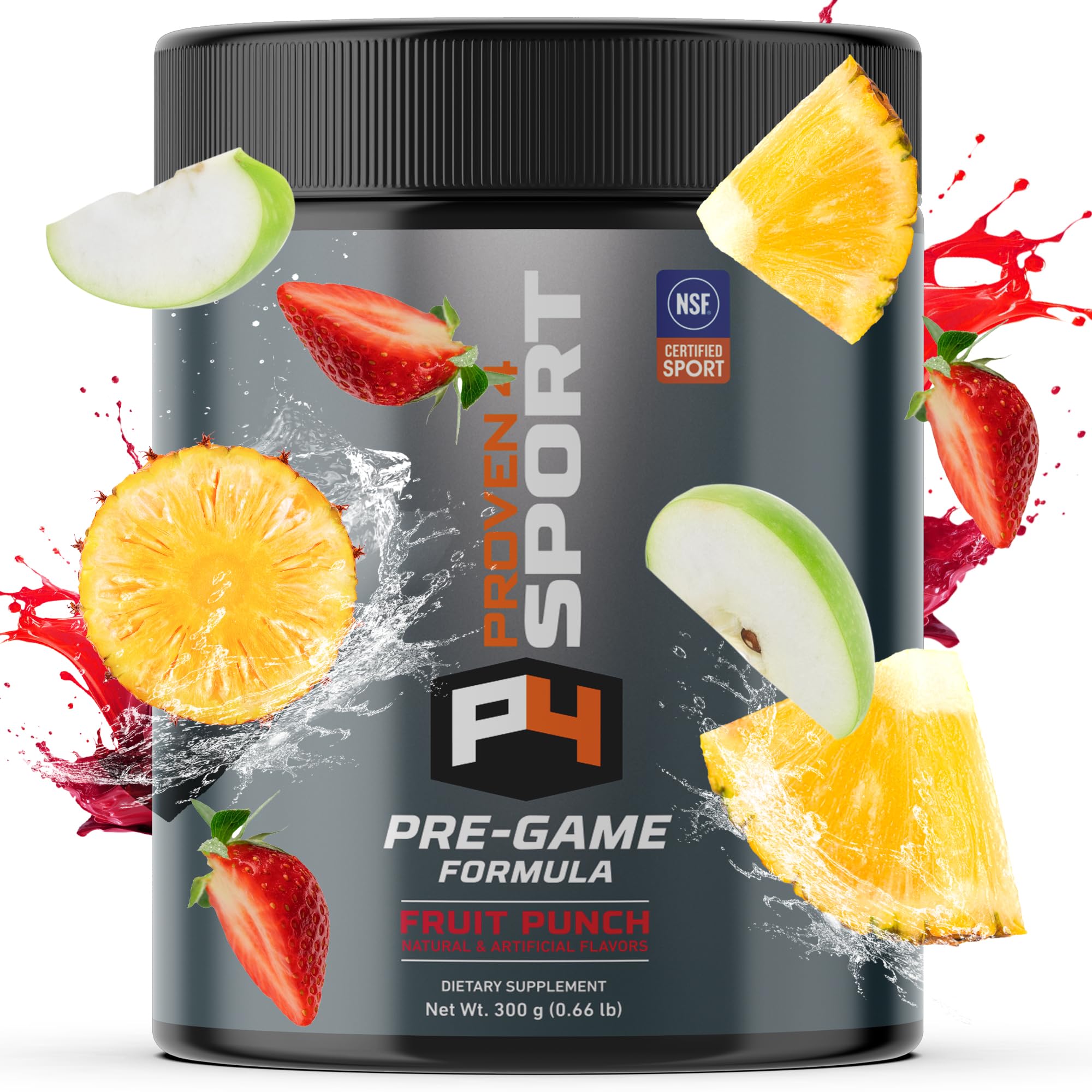 Proven4 Pre Workout Fruta Punch, botella de energía sostenida para entrenar con enfoque.
