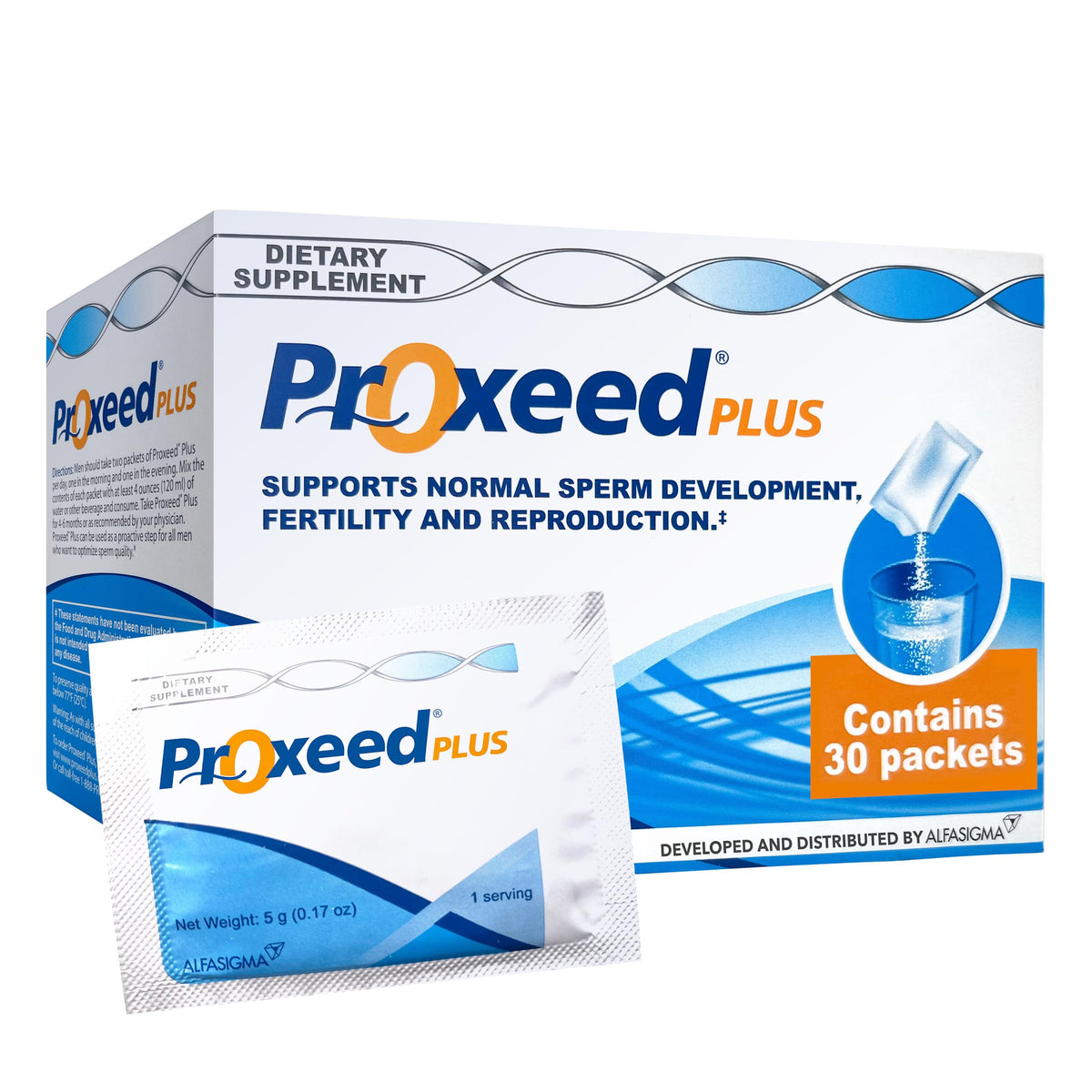 Proxeed Plus frasco y empaque, apoyo potencial a la salud de la fertilidad masculina.